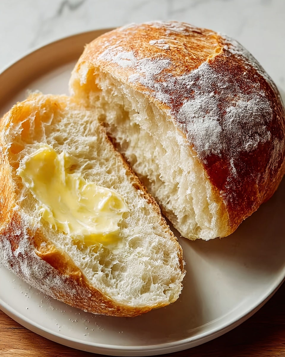 The image shows a piece of freshly baked bread split in two on a white plate. The bread has a golden brown crust with light dusting of white flour on the top. The inside of the bread is soft and airy with a light cream color. One half of the bread has a smooth, melted spread of pale yellow butter on the surface, while the other half reveals the fluffy inside texture. The bread rests on a white plate placed on a white marbled surface. photo taken with an iphone --ar 4:5 --v 7