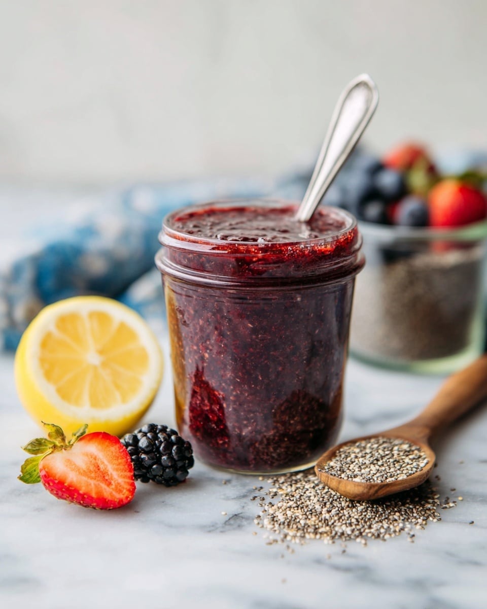 A clear glass jar filled with dark red, slightly thick chia seed jam, showing the texture of the tiny seeds mixed within the spread, with a metal spoon sticking out from the jar. In front of the jar on the white marbled surface, there is a halved lemon with pale yellow flesh, a sliced strawberry showing its red interior and green top, and a shiny black blackberry. Nearby, there is a wooden spoon heaped with light beige chia seeds, with some seeds spilled beside it, and a glass jar filled with chia seeds in the blurred background. A folded blue and white cloth with mixed berries sits behind the jar. Photo taken with an iphone --ar 4:5 --v 7