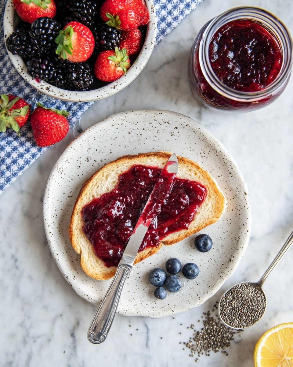 A slice of white bread with a thick, deep red jam spread unevenly on top, with a silver butter knife resting on the jam. The bread sits on a white speckled plate with three blueberries placed at the bottom edge of the plate. To the upper left, a white speckled bowl is filled with fresh berries including whole and halved strawberries, blackberries, and blueberries. To the upper right, there is a glass jar filled with the same deep red jam. Below the plate, there are some scattered chia seeds with a silver spoon heaped with chia seeds nearby, and a half lemon is partially visible on the right side. The whole scene is set on a white marbled surface with a blue and white checkered cloth partially visible. photo taken with an iphone --ar 4:5 --v 7