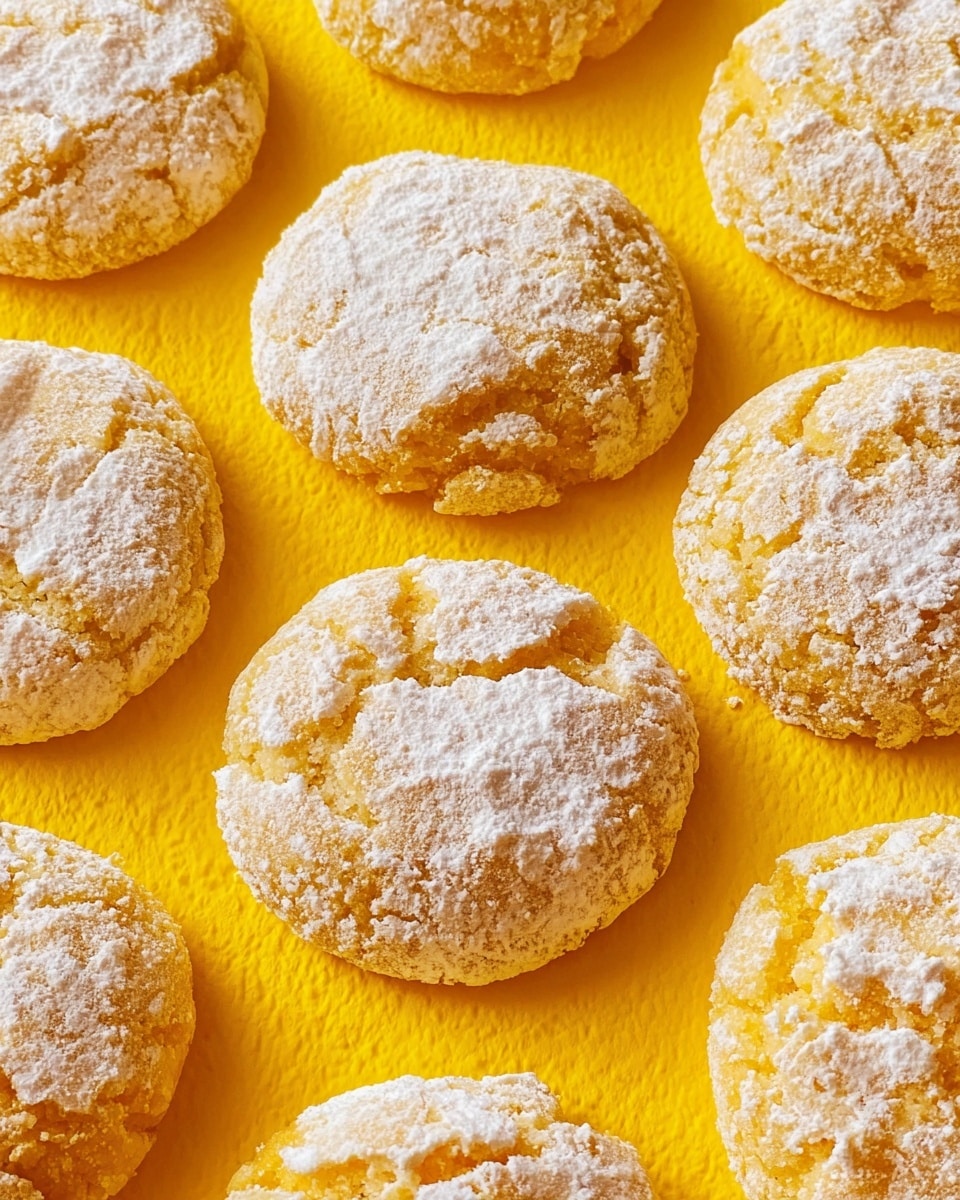 Several round, golden-yellow cookies are closely placed on a bright yellow textured surface. Each cookie has a rough, slightly cracked top layer covered in a dusting of white powdered sugar, giving them a soft, powdery look. The cookies have varied edges, some slightly chipped or uneven, showing a crumbly texture beneath the sugar. The warm color of the cookies contrasts with the bright yellow base, highlighting their soft, chewy appearance. photo taken with an iphone --ar 4:5 --v 7