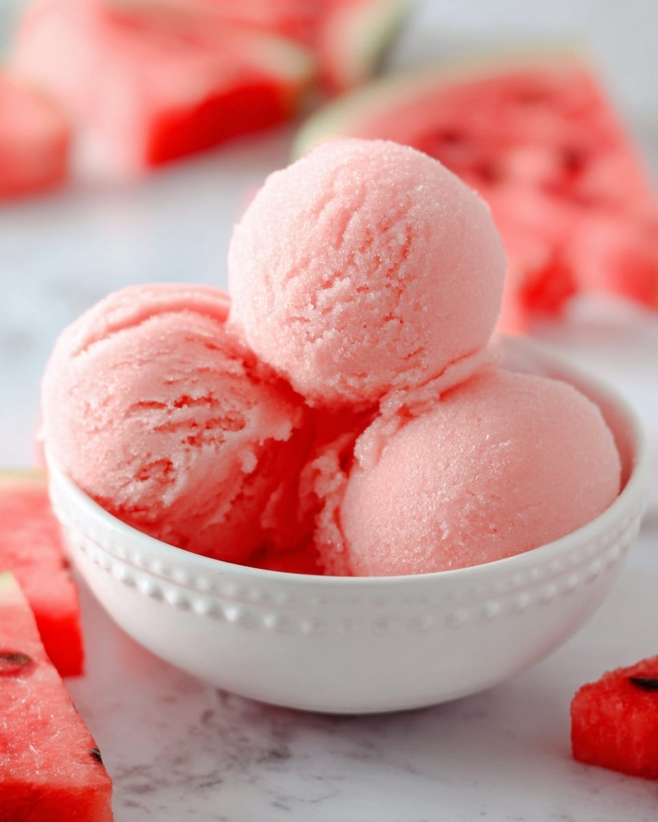The image shows three smooth, round scoops of light pink sorbet in a white bowl with small raised dots along the rim. The sorbet has a soft, slightly textured surface indicating a creamy yet icy consistency. Surrounding the bowl on a white marbled surface are chunks of fresh watermelon with vibrant pinkish-red flesh and visible seeds, enhancing the fresh and fruity theme of the dish. The background is softly blurred to keep focus on the sorbet and watermelon pieces. photo taken with an iphone --ar 4:5 --v 7