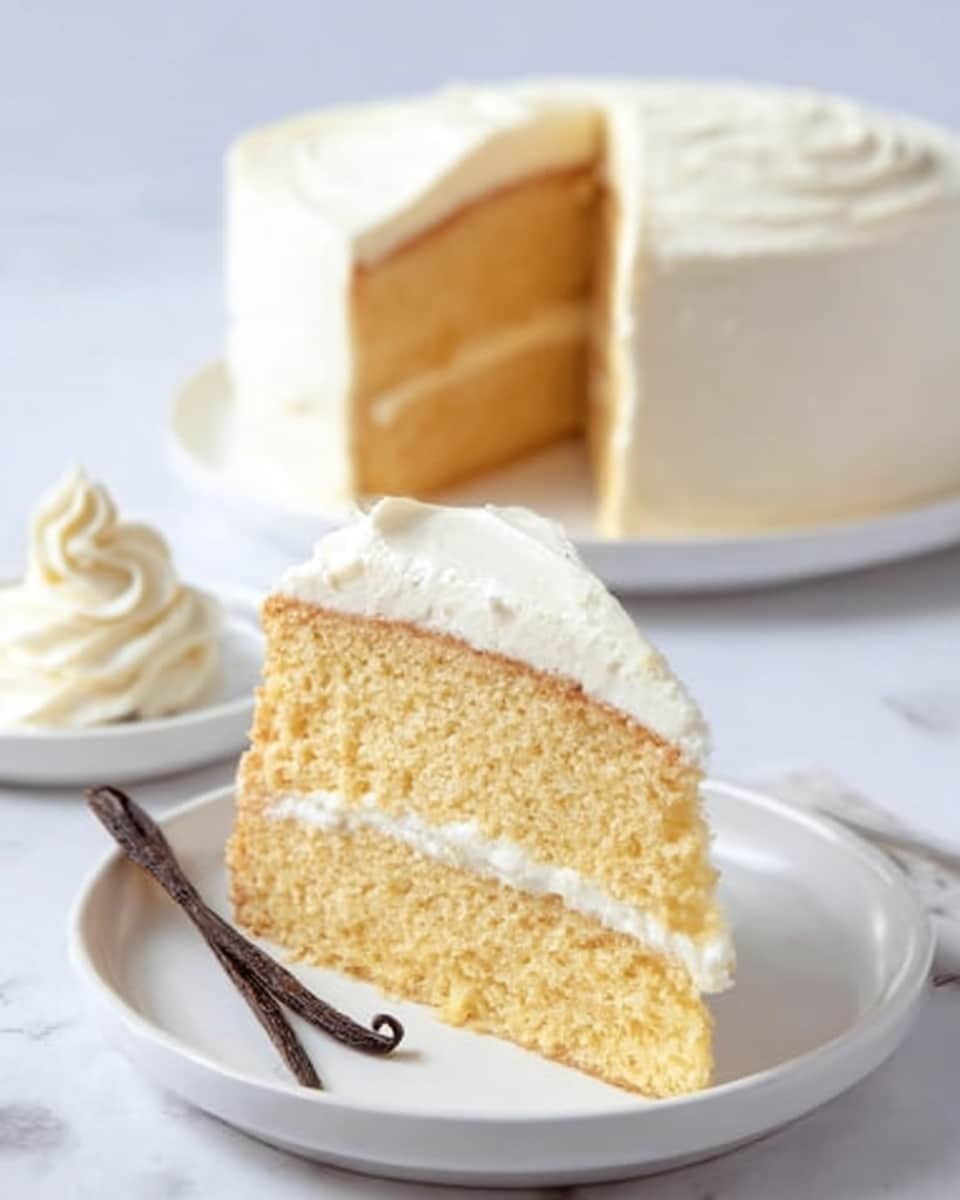 The image shows a slice of two-layer yellow cake on a white plate, placed on a white marbled surface. Each cake layer is light golden brown with a soft, spongy texture. Between the layers, there is a smooth, thick white cream filling. The whole slice is topped with a thick coat of white frosting, smoothly spread on top and around the sides. In the background, a whole cake with similar frosting is visible on another white plate. To the left, there is a small dollop of white cream with two vanilla pods placed on top. Photo taken with an iphone --ar 4:5 --v 7