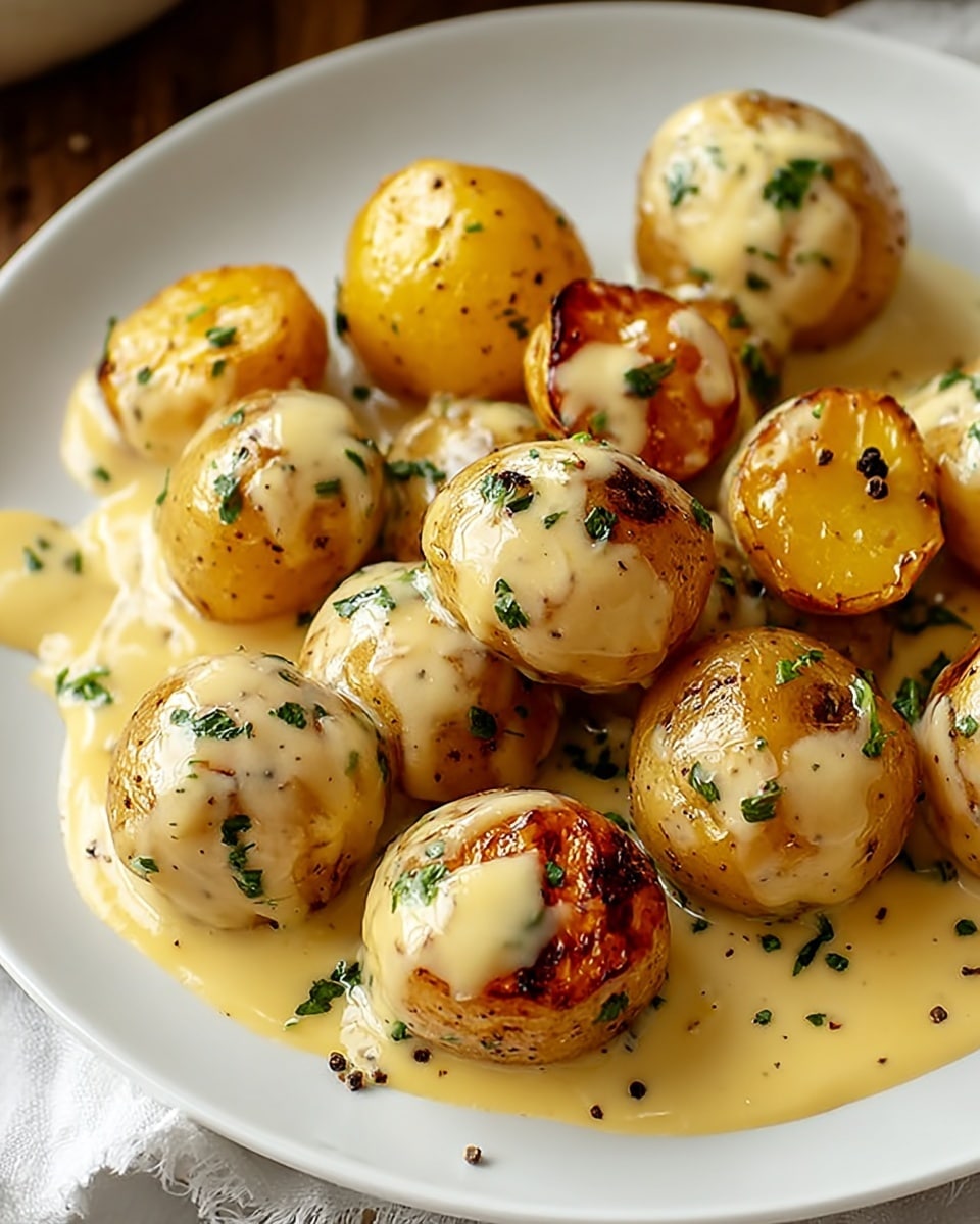 A white plate holds a group of small, round golden potatoes, some whole and some cut in half. Each potato is covered with a smooth, light yellow creamy sauce with a slightly shiny texture. The potatoes have patches of brown grill marks and small green herb pieces sprinkled on top. The sauce pools gently around the potatoes on the plate, with tiny black pepper specks scattered throughout. The background shows a white marbled surface with a part of a white cloth visible near the plate's edge. photo taken with an iphone --ar 4:5 --v 7