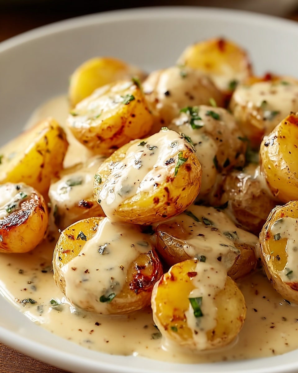 A white plate holds about two layers of small grilled yellow potatoes cut in half, their skins lightly charred in brown spots. The top layer is generously covered in a creamy light beige sauce with visible small green herb flakes and black pepper specks. The sauce spreads around the base of the potatoes, creating a slightly glossy texture that reflects light. The overall image is clear and close-up, with a white marbled surface in the background. photo taken with an iphone --ar 4:5 --v 7