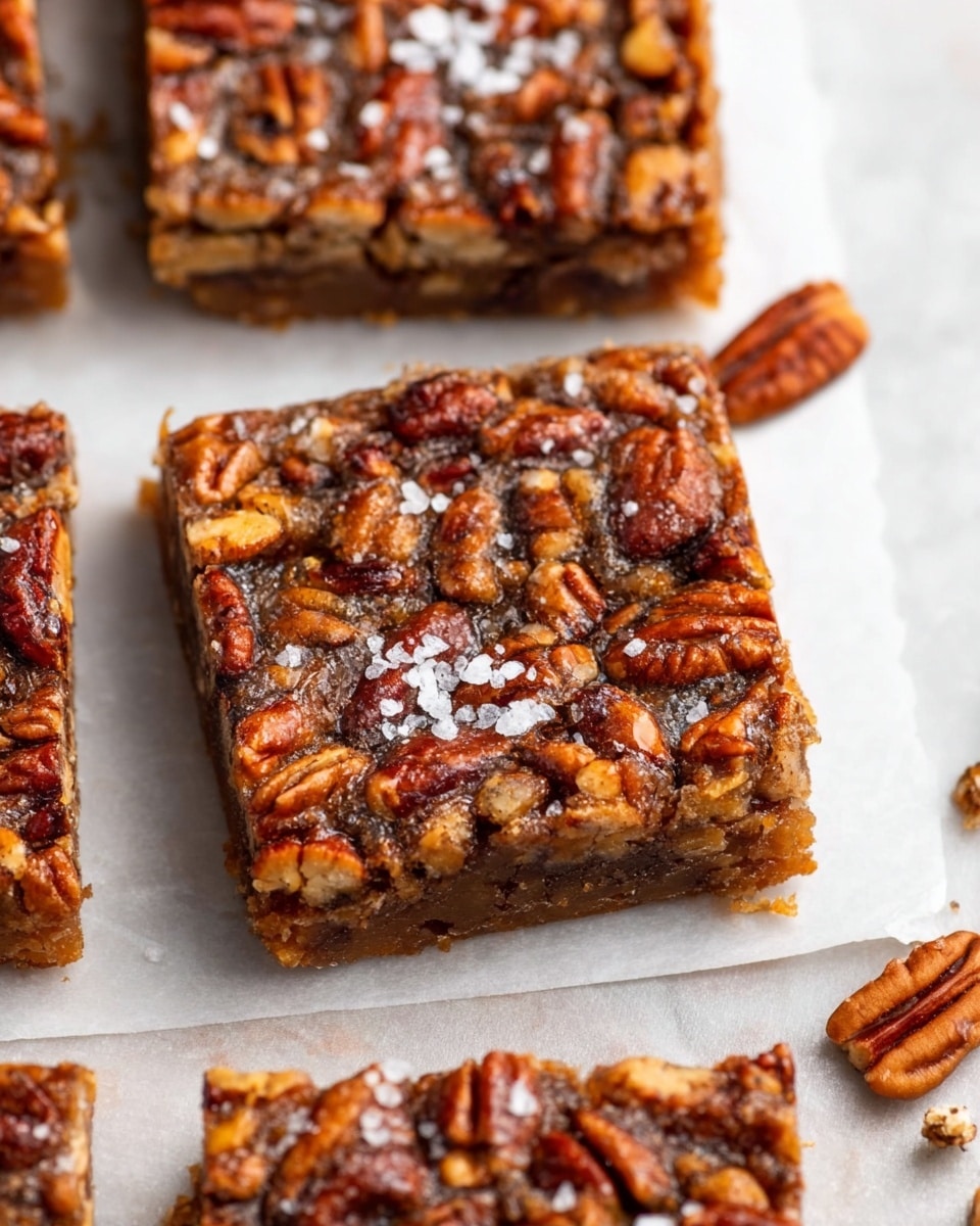 The image shows a close-up of square pecan bars arranged on white parchment paper over a white marbled surface. Each bar has one thick layer, richly packed with whole and chopped pecans that are deep brown and golden in color, with a slightly glossy, sticky texture. The top layer is sprinkled lightly with coarse sea salt, which adds contrast with its white flakes. The texture looks crunchy but dense, with visible nut pieces covering the entire surface of each bar. Photo taken with an iphone --ar 4:5 --v 7