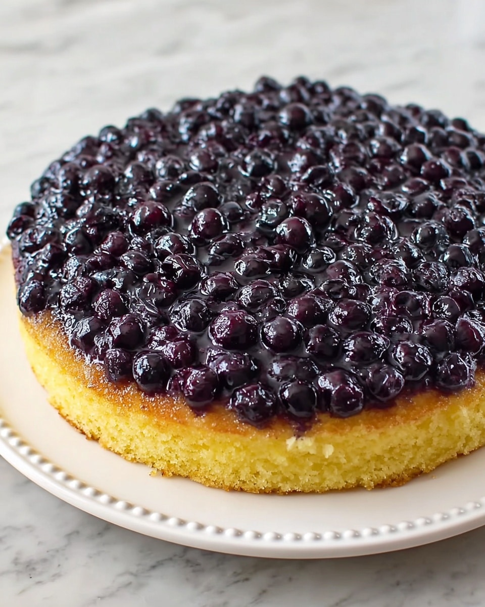 A round cake with two layers is shown. The bottom layer is a thick, yellow sponge cake with a soft and crumbly texture, sitting on a white plate with a dotted edge. The top layer is a glossy, dark purple blueberry topping, made of whole blueberries covered in a shiny syrup, giving it a bumpy and juicy look. The cake is centered in the image on a white marbled surface. photo taken with an iphone --ar 4:5 --v 7