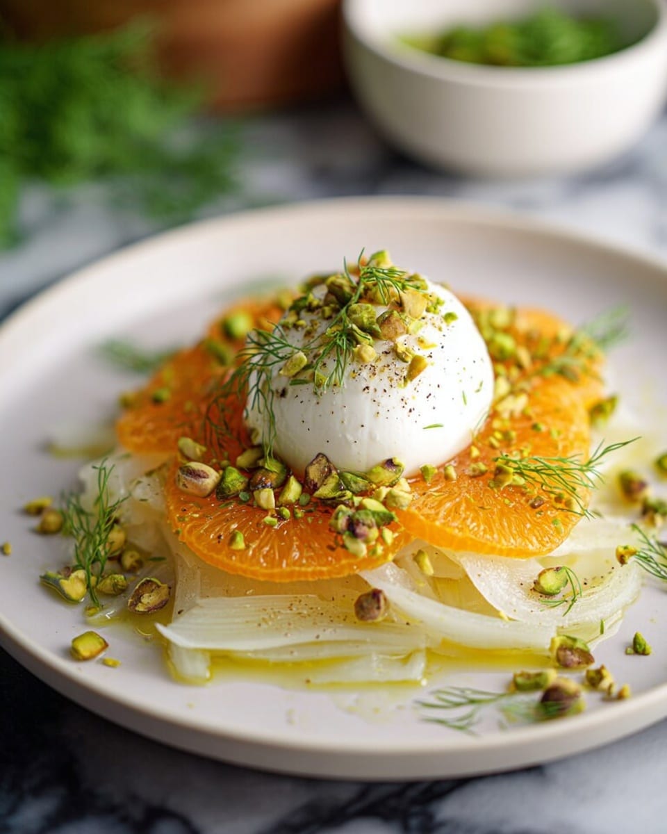 A close-up view of a dish on a white plate showing three layers: the bottom layer is thinly sliced white fennel with a slightly translucent texture; the middle layer consists of bright orange slices arranged in a circular pattern; the top layer is a round, smooth white ball of burrata cheese, sprinkled with crushed green pistachios, a drizzle of olive oil, some black pepper, and small green fennel fronds scattered on top and around the plate. The plate sits on a white marbled surface, with a blurred white bowl and green herbs in the background. photo taken with an iphone --ar 4:5 --v 7