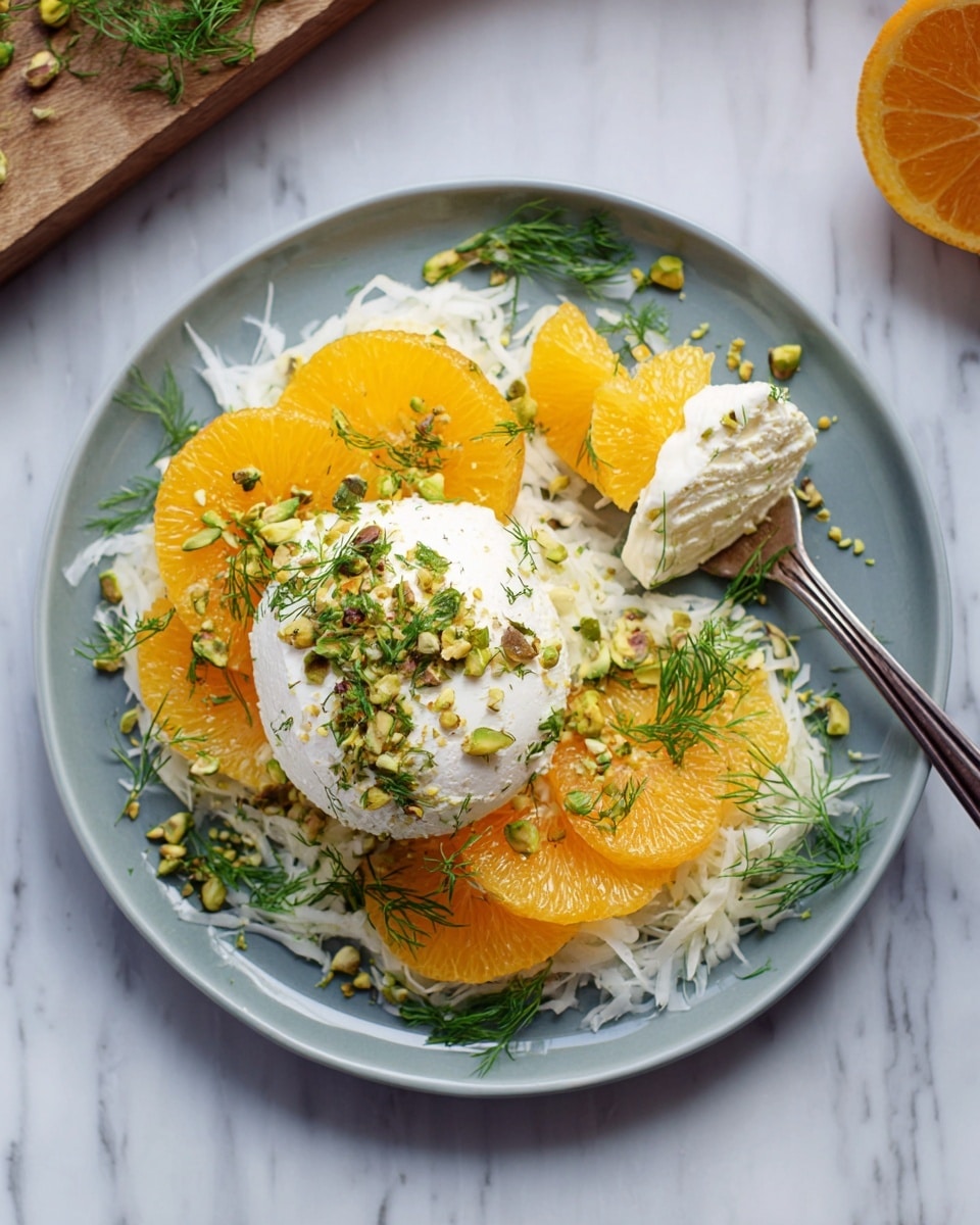 A dish with three main layers sits on a white plate over a white marbled surface: the bottom layer is thin, white, shredded pieces that look soft and light; the middle layer shows bright orange, round slices of citrus fruit arranged neatly in a circle; the top layer is a large white ball of soft cheese, cut slightly to reveal its creamy inside, sprinkled with small green herb leaves and crushed pistachios, and garnished with delicate green dill sprigs; a silver fork holds a piece of the citrus slice and some white shredded pieces on the right side of the plate. photo taken with an iphone --ar 4:5 --v 7