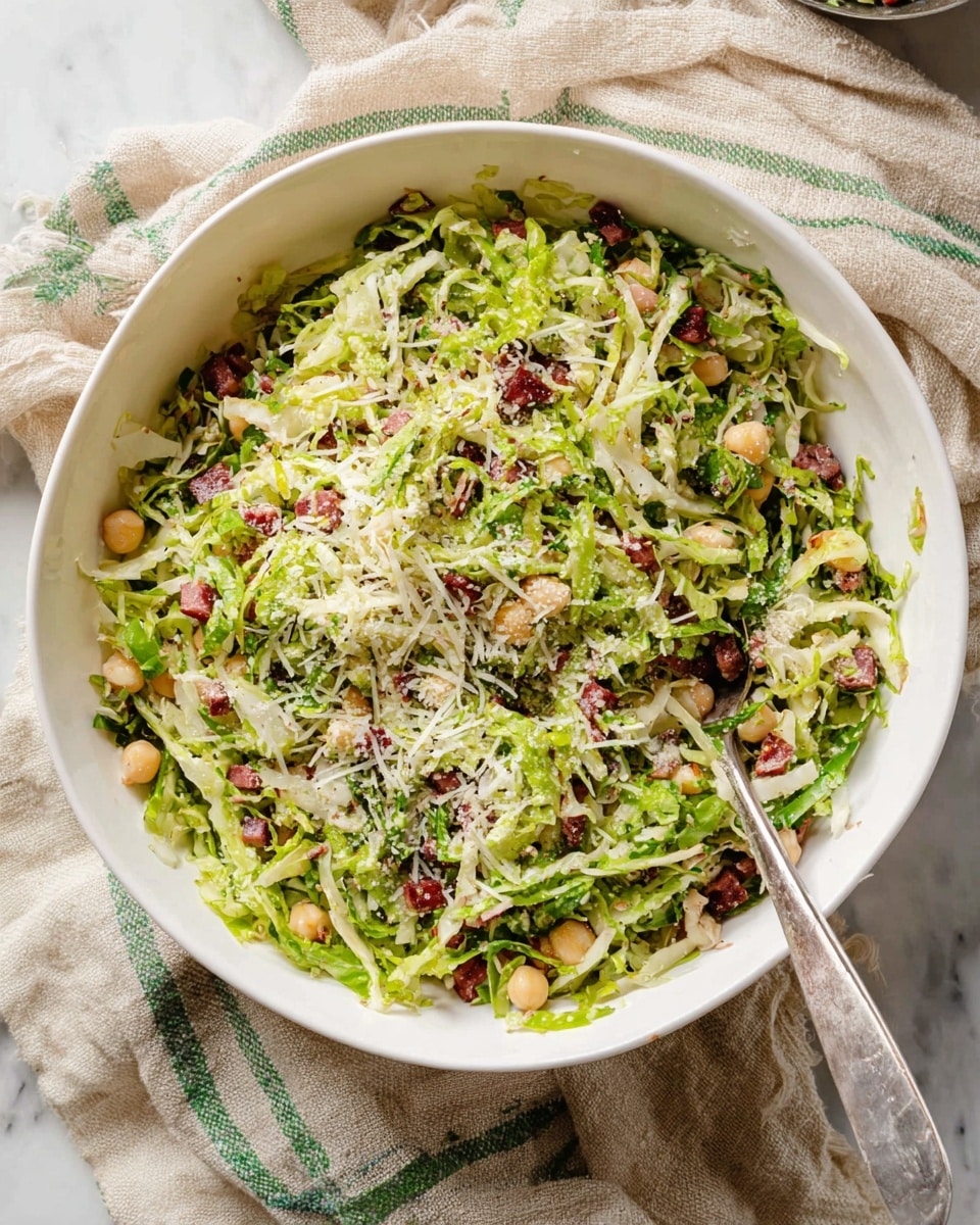 A large white bowl filled with a shredded salad shows vibrant layers: bright green shredded lettuce forms the base with pale green and white cabbage mixed throughout; thin strips of dark red meat or sausage are scattered evenly on top; small round beige chickpeas are spread across the salad; fine white grated cheese is sprinkled lightly over everything, giving a textured look. A metal spoon is placed inside the bowl, and the bowl rests on a crumpled beige and green striped cloth over a white marbled surface. photo taken with an iphone --ar 4:5 --v 7