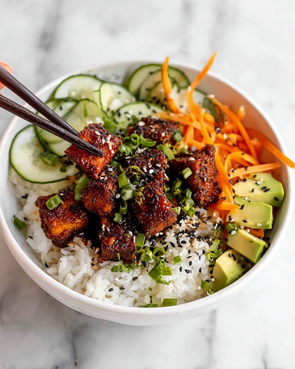 A white bowl filled with a base layer of white rice, topped with several layers including crispy, dark reddish-brown cubes of tofu sprinkled with black and white sesame seeds and chopped green onions. To one side, thin orange carrot ribbons and light green avocado cubes also sprinkled with black sesame seeds add color, while thin slices of cucumber rest on the rice. A pair of dark wooden chopsticks held by a woman's hand is picking up one piece of tofu. The bowl is placed on a white marbled surface. Photo taken with an iphone --ar 4:5 --v 7