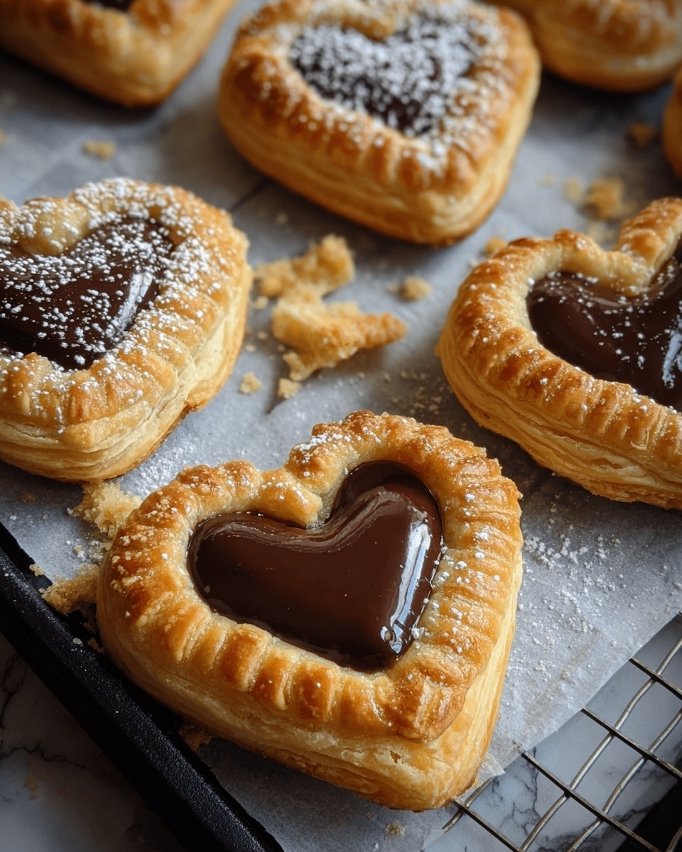 Four heart-shaped pastries are placed on a white square plate set on a white marbled surface. Each pastry has two layers: the base layer is a golden-brown, flaky puff pastry with crisp edges and visible layers, while the top layer is a thick, glossy heart of dark chocolate with a smooth texture. One heart has light brown chocolate drizzled across it gently, and another is dusted with white powdered sugar adding a soft contrast on the chocolate. The lighting shows a soft natural shine on the chocolate and the flaky texture of the pastry. photo taken with an iphone --ar 4:5 --v 7