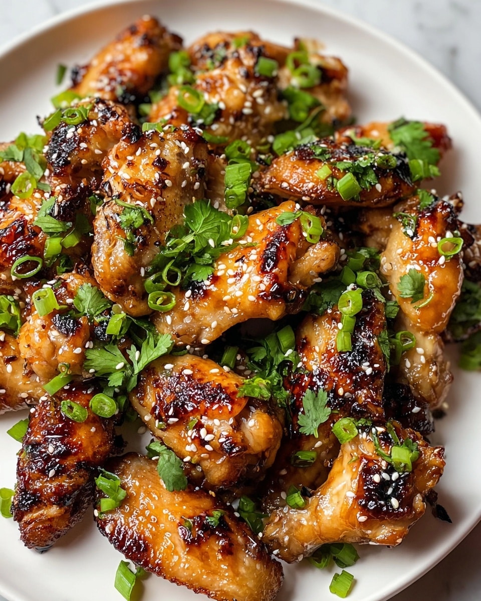 The image shows a white plate filled with golden-brown grilled chicken wings that have a shiny, glazed texture with slight charring. The wings are topped evenly with small green pieces of chopped scallion and fresh cilantro leaves, adding a bright green contrast. White sesame seeds are sprinkled across the chicken, giving small white dots that add texture. The chicken pieces are arranged close together, covering the plate, all set on a white marbled surface. Photo taken with an iphone --ar 4:5 --v 7