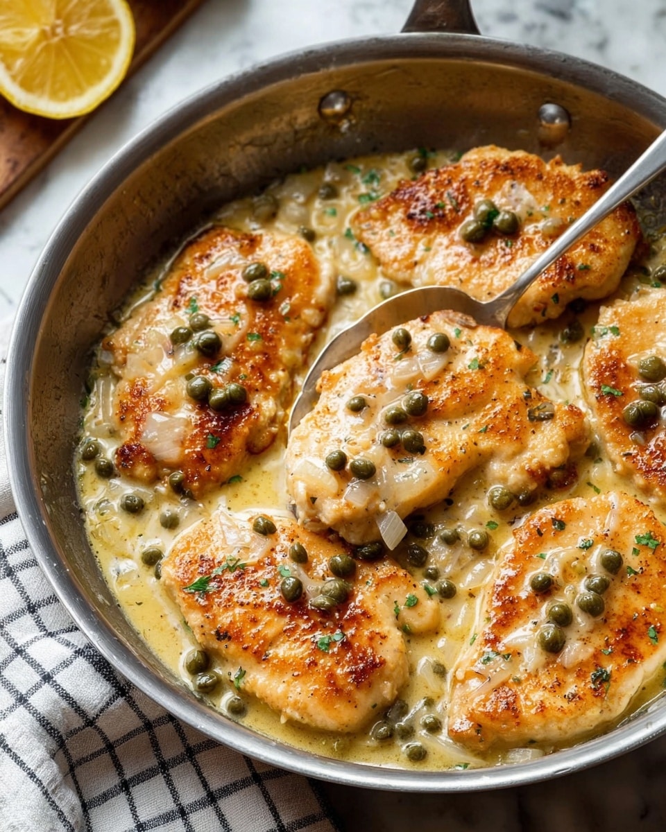 A close-up view of six golden-brown chicken cutlets cooked in a silver skillet, with light brown sear marks and a creamy sauce covering the surface. Scattered on top are small green capers and bits of cooked white onion, adding texture. The skillet is placed on a white marbled surface with a checkered white and gray cloth nearby. A silver spoon is resting inside the skillet, partially touching one chicken cutlet. In the background, there is a partially visible yellow lemon wedge. Photo taken with an iphone --ar 4:5 --v 7