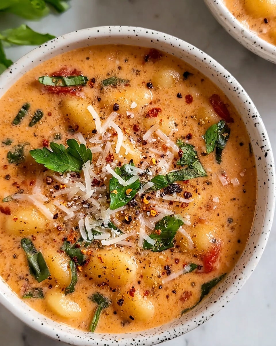 A close-up view of a creamy orange soup filled with small gnocchi pieces, scattered bits of green herbs, and tiny red tomato chunks, all mixed in the thick soup base. The soup is topped with shredded white cheese, a sprinkle of black pepper, red chili flakes, and fresh green parsley leaves, adding texture and color contrast. The soup is served in a white bowl with small black speckles around the rim, placed on a white marbled surface. The photo taken with an iphone --ar 4:5 --v 7