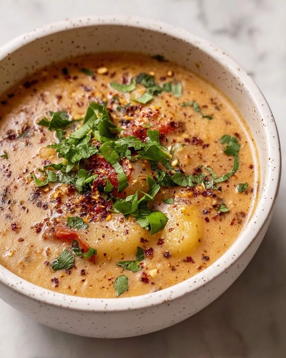 A close-up image of a creamy soup served in a white speckled bowl on a white marbled texture. The soup has a thick, light brown base with visible chunks of potato and tomato. The top layer is garnished with fresh green herbs and sprinkled with crushed red pepper flakes and some grated cheese or seasoning, giving it a textured, colorful finish. The soup looks warm and hearty with a glossy surface. Photo taken with an iphone --ar 4:5 --v 7