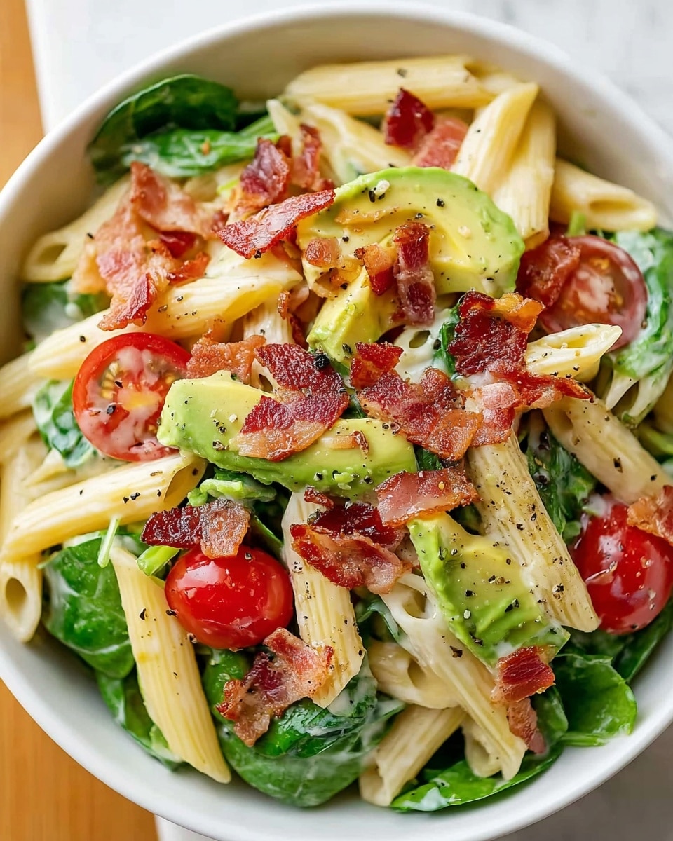 A white bowl filled with a colorful pasta salad, showing a base layer of pale yellow penne pasta mixed with fresh green leafy spinach. On top, bright red cherry tomatoes add a pop of color, and chunks of creamy green avocado are spread around. Crispy pieces of brown bacon are sprinkled over the top, with a light coating of creamy dressing and black pepper specks scattered across the salad. The white marbled surface is barely visible behind the bowl. photo taken with an iphone --ar 4:5 --v 7