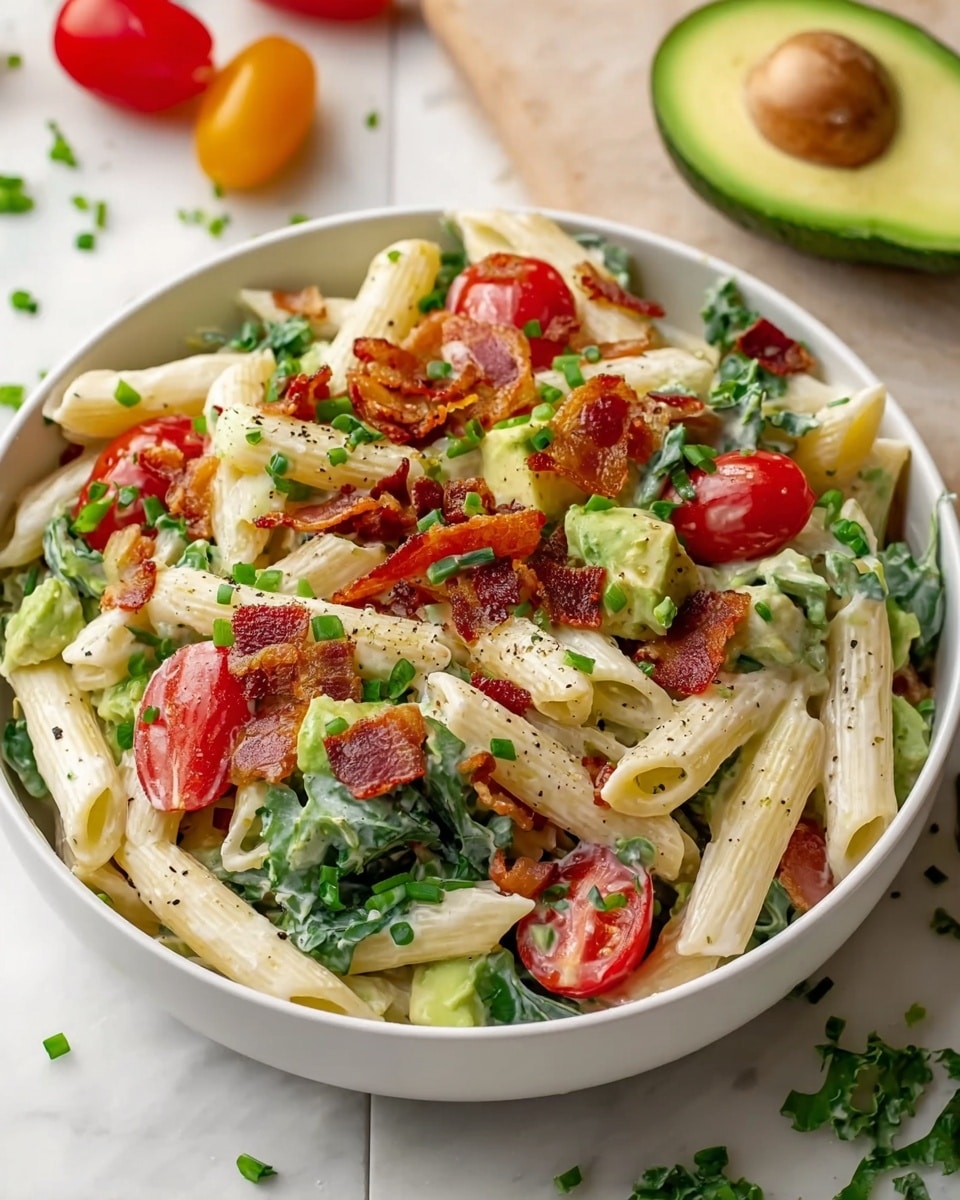 In a large white bowl on a white marbled texture, there is a creamy penne pasta salad made of three main layers: the creamy white cooked penne pasta forms the base layer, with bright green chunks of avocado and fresh green leafy kale mixed through; on top, vibrant red halved cherry tomatoes are scattered, adding pops of color, while crispy golden-brown bacon bits are evenly spread across the dish, giving texture and contrast. Small chopped green chives are sprinkled over everything, with a light dusting of black pepper visible on the creamy pasta for seasoning. In the background, half an avocado and whole cherry tomatoes are slightly out of focus, enhancing the fresh ingredients theme. photo taken with an iphone --ar 4:5 --v 7