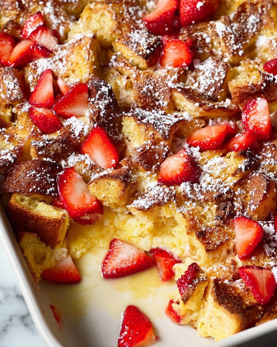 A close-up view of a baked French toast casserole in a white baking dish with a slightly golden-brown top layer made of toasted bread cubes showing rough texture, scattered with fresh red strawberry slices that add bright color, dusted lightly with white powdered sugar, and a creamy custard layer visible through the gaps between the bread. The casserole looks soft inside with a mix of yellow and golden tones beneath the crispy bread, and some strawberry pieces are resting on the white marbled surface beside the dish. photo taken with an iphone --ar 4:5 --v 7