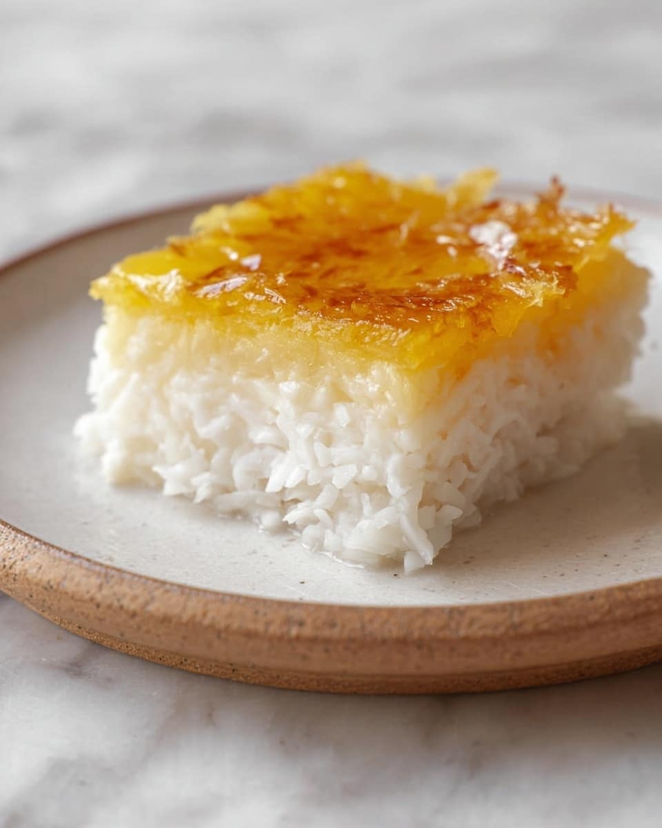A close-up view of a single layered square dessert with a creamy white bottom layer made of shredded coconut, topped by a thin, uneven golden-yellow layer with a slightly caramelized texture, placed on a round white plate with a rustic appearance, all set on a white marbled surface. photo taken with an iphone --ar 4:5 --v 7