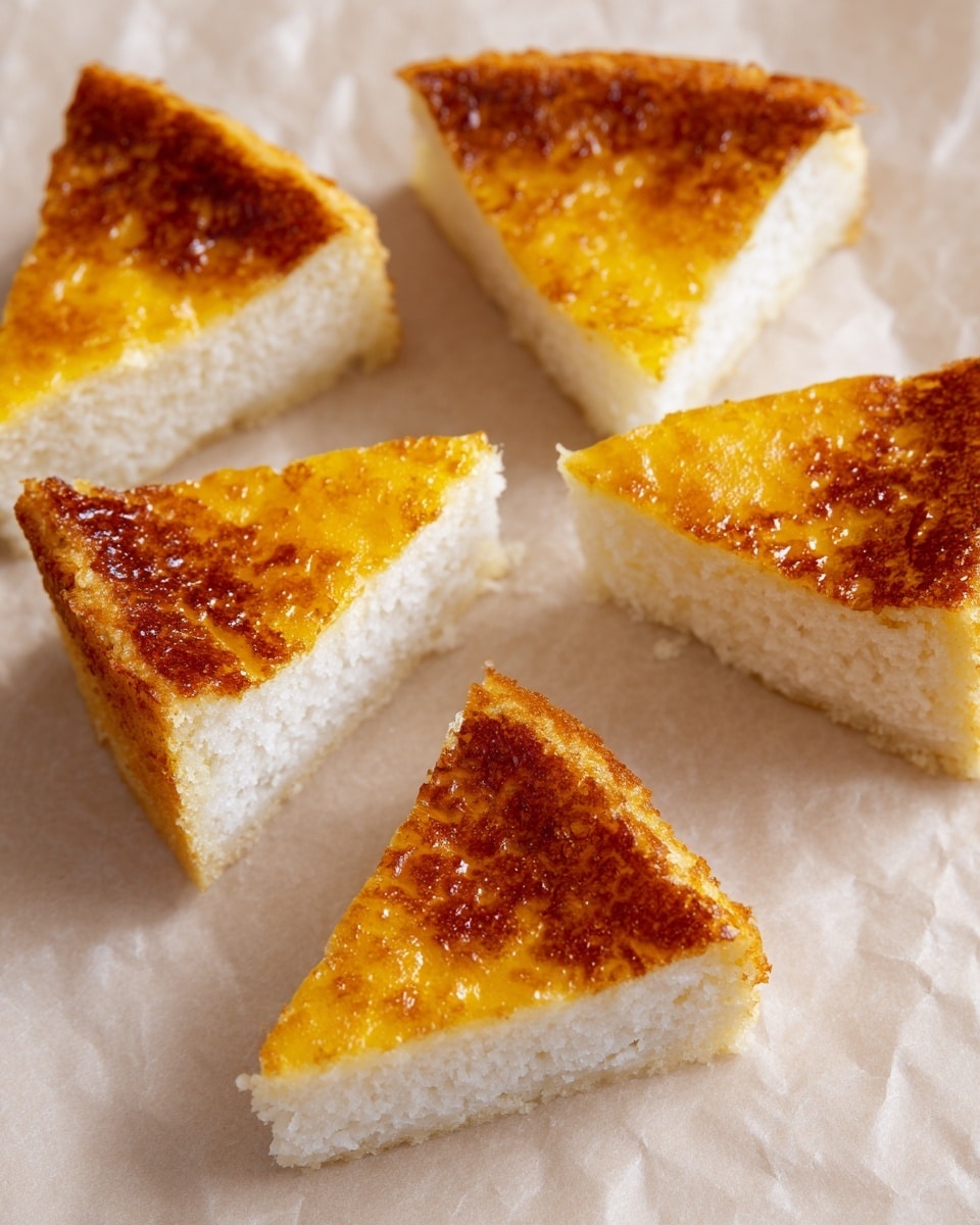 The image shows five triangular pieces of a white cake with a golden brown top, arranged on a light beige surface. Each piece has two layers: the bottom layer is white and slightly textured, while the top layer is a smooth, golden brown crust that covers the entire triangle. The edges of the cake are clean and sharp, showing the contrast between the soft white base and the firm golden top. The surface beneath the pieces has a subtle crinkled texture. Photo taken with an iphone --ar 4:5 --v 7