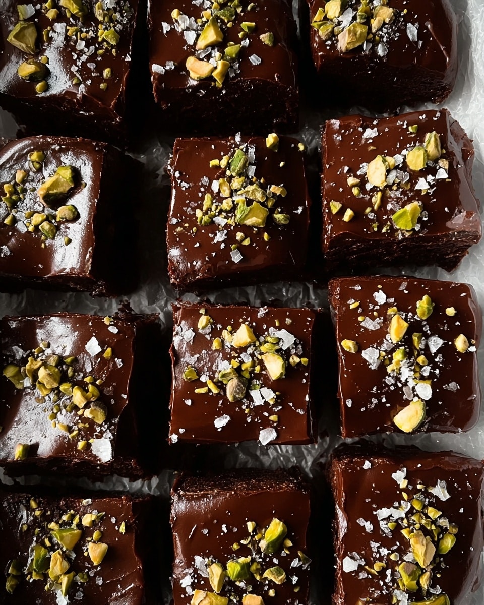 A close-up top view of a grid of 16 square chocolate brownies, each covered with a thick, shiny dark brown chocolate layer. The chocolate topping is smooth but has a rich, glossy texture with tiny cracks in some squares. On top of every brownie, there are scattered bits of crushed light green pistachios and small white flakes that look like sea salt, adding texture and color contrast. The brownies are placed closely together on a white marbled textured surface lined with crinkled parchment paper. The light hits the chocolate, creating slight reflections that highlight its creamy texture. photo taken with an iphone --ar 4:5 --v 7