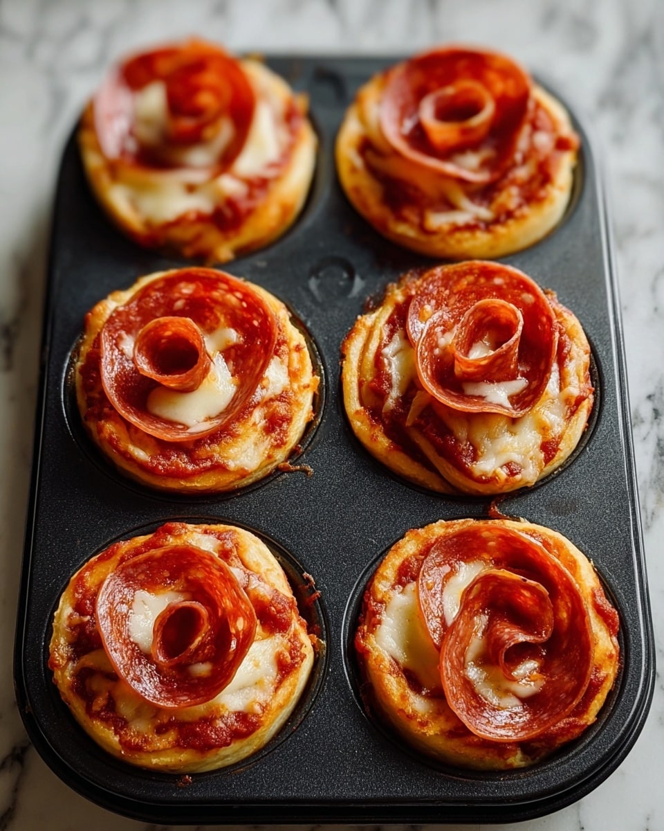 The image shows six pizza rose rolls in a black muffin tray, each made of three main layers. The base layer is a golden-baked dough with a soft, slightly fluffy texture. The middle layer is a spread of thick, bright red pizza sauce covering the dough. On top, thin slices of pepperoni are rolled carefully to look like red and orange flower petals with a slightly oily shine. Small amounts of melted white cheese are melted between the pepperoni slices, adding a creamy texture and color contrast. The tray is on a white marbled surface. photo taken with an iphone --ar 4:5 --v 7