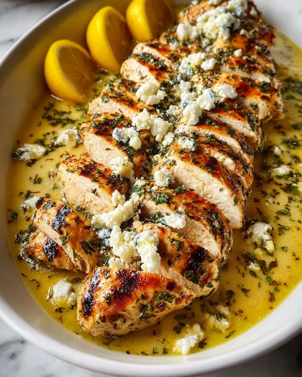 The image shows a dish in a white bowl with two rows of thick grilled chicken slices arranged side by side, each slice golden brown with visible grill marks and seasoned with green herbs. On top of the chicken, there are small chunks of white cheese sprinkled evenly along the length of both rows. The chicken sits in a light yellow sauce with herbs floating within it. At the far edge of the bowl, there are three bright yellow lemon slices arranged in a line. The background features a white marbled texture. Photo taken with an iphone --ar 4:5 --v 7