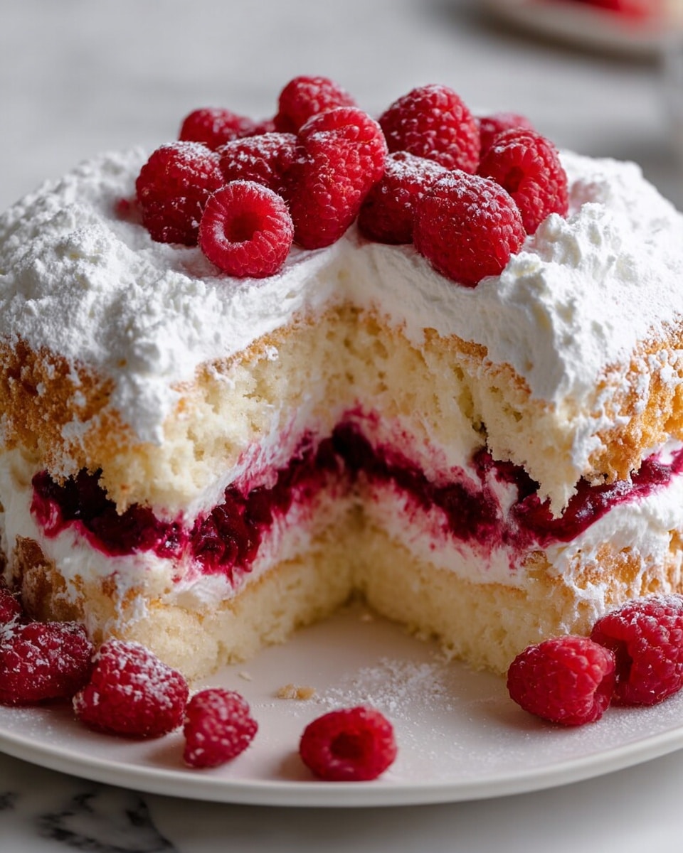 The image shows a white sponge cake cut to reveal three clear layers: the bottom and top layers are light and fluffy cake with a golden-brown outer crust, while the middle layer is a thick, bright red raspberry filling mixed with white whipped cream. The outside of the cake is covered in white whipped cream, lightly dusted with powdered sugar. On top of the cake and around its base are fresh red raspberries, adding a bright, juicy texture. The cake sits on a white plate, placed on a white marbled surface. Photo taken with an iphone --ar 4:5 --v 7