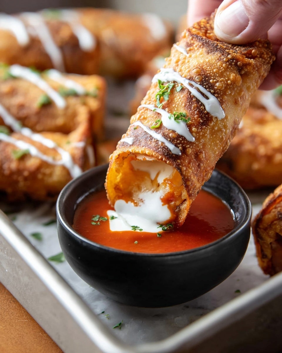 A close-up of a crispy, golden-brown rolled snack dipped halfway into a small round black bowl filled with bright red sauce, the snack is drizzled with a white creamy sauce and sprinkled with small green herb pieces on top. A woman's hand is holding the snack, showing its textured, bubbly fried surface. In the background, more of these rolled snacks rest inside a silver baking tray on a white marbled surface. photo taken with an iphone --ar 4:5 --v 7