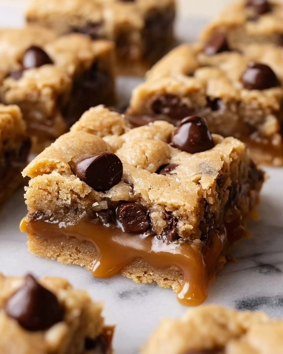 The image shows a close-up of thick cookie bars on a white marbled surface. Each bar has two layers: a crumbly golden-brown cookie dough layer on top with several dark chocolate chips embedded, and a gooey caramel layer beneath that oozes slightly at the edges. The cookie dough looks soft and slightly cracked, revealing the melty chocolate chips inside. The bars are cut into square shapes and are placed close together, showcasing their rich texture and layers. Photo taken with an iphone --ar 4:5 --v 7