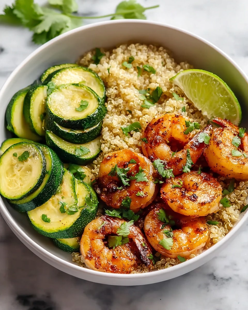 A white bowl on a white marbled surface holds a colorful dish with three main layers. The bottom layer is a bed of light beige quinoa grains with a slightly rough texture. On the left side, bright green, thick zucchini slices with a tender and slightly shiny surface are neatly arranged. On the right side, juicy grilled shrimp with an orange-pink color, charred spots, and a glistening texture are placed on top of the quinoa, sprinkled with fresh green cilantro leaves. A bright green lime wedge with a juicy texture sits near the shrimp, adding a fresh touch. photo taken with an iphone --ar 4:5 --v 7