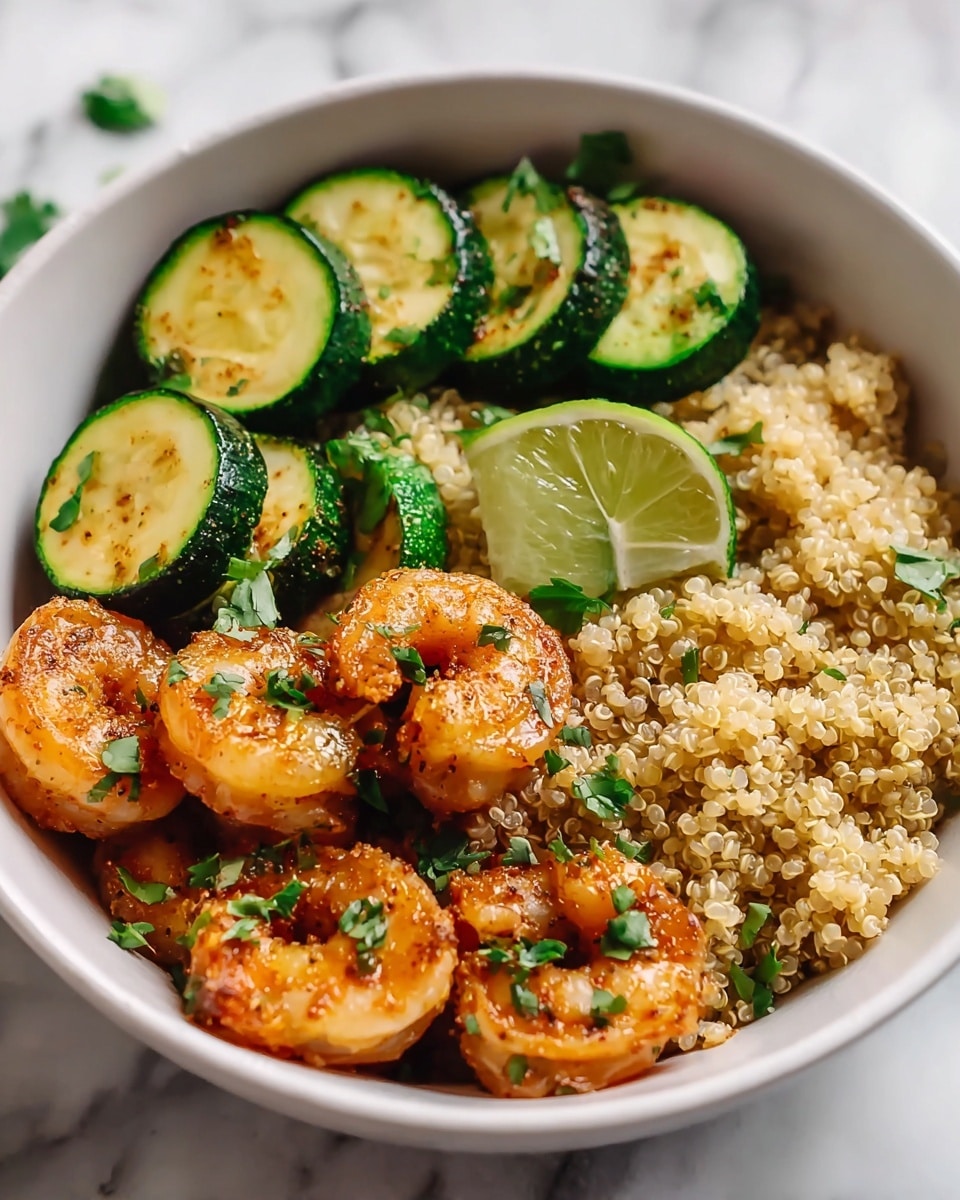A white bowl contains three main layers, starting with a base of light tan quinoa with a fluffy and grainy texture covering the bottom. On one side, there are several slices of sautéed zucchini, green with a soft, slightly glossy surface and sprinkled with chopped herbs. Next to the zucchini, there are golden-brown shrimp that look juicy and well-seasoned, topped with small bits of green herbs. A wedge of bright green lime with a glossy, juicy interior rests on the quinoa behind the shrimp. The bowl is placed on a white marbled surface. photo taken with an iphone --ar 4:5 --v 7