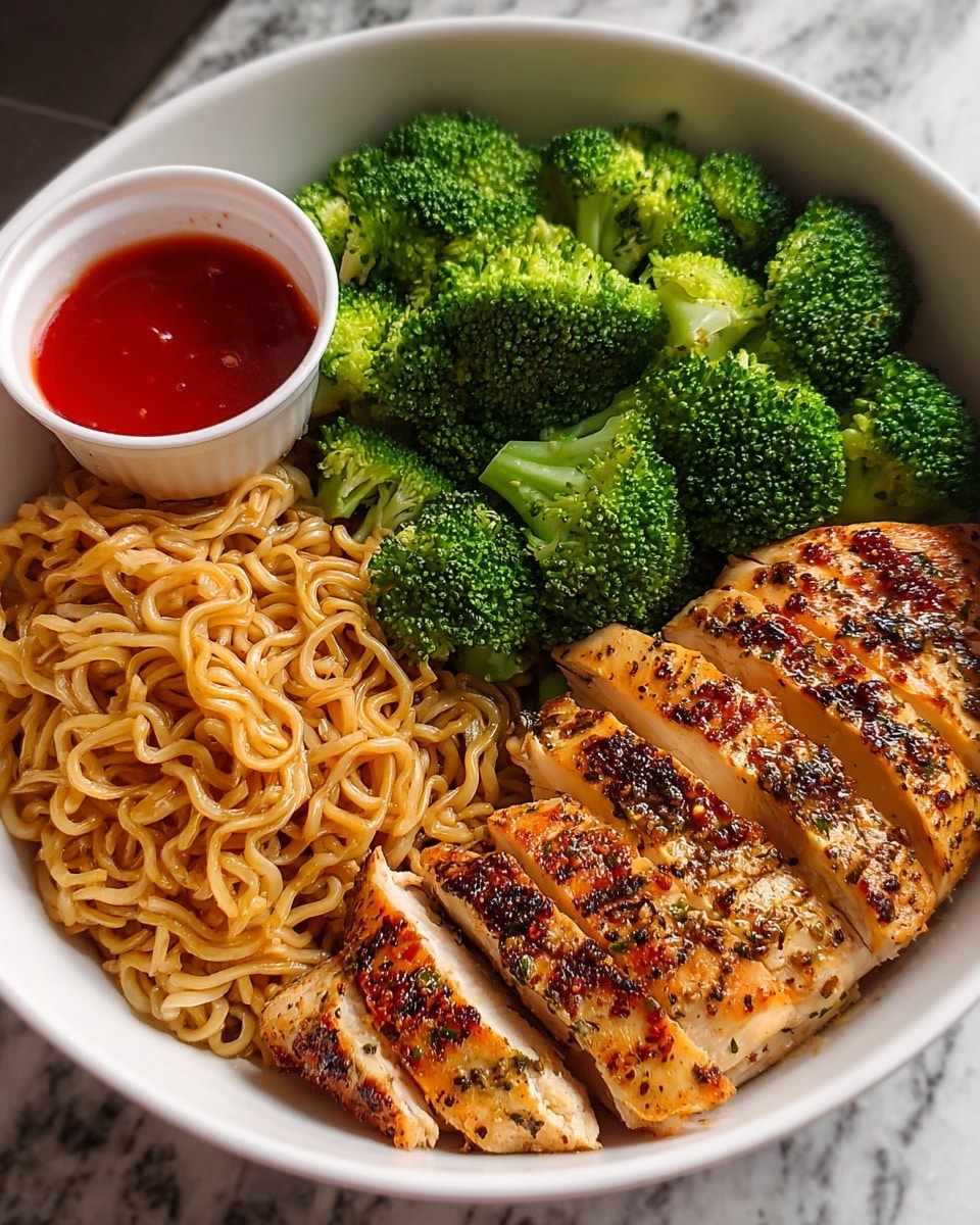 A white bowl filled with three distinct layers: on the left side, light brown stir-fried noodles with a slightly glossy texture; in the center, bright green steamed broccoli florets that look fresh and vibrant; on the right side, sliced grilled chicken breast with a golden-brown charred surface sprinkled with seasoning. Above the broccoli and chicken, a small white cup holds red dipping sauce. The bowl sits on a white marbled texture surface. photo taken with an iphone --ar 4:5 --v 7