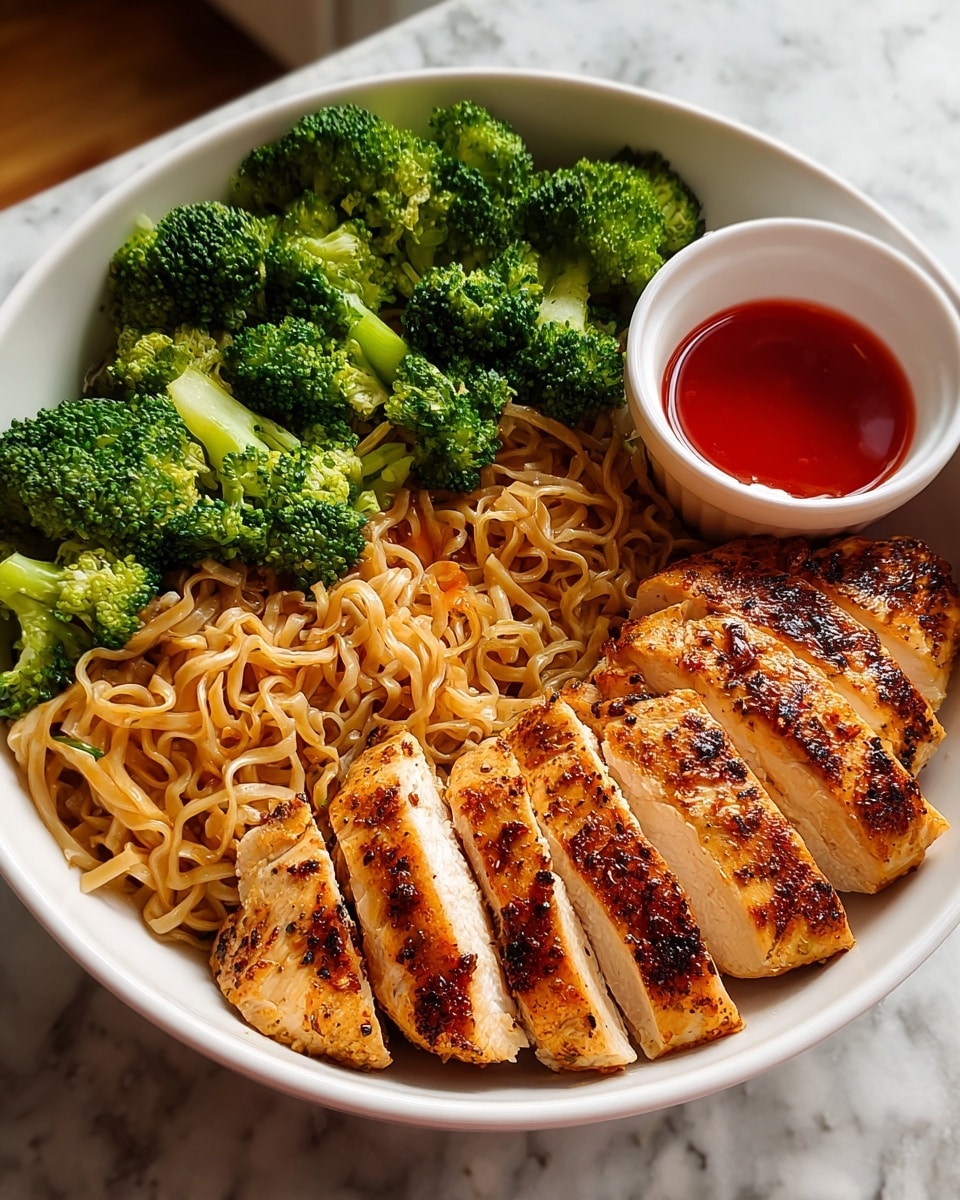 A white bowl filled with three main layers: at the bottom left, light brown stir-fried noodles with a slightly glossy texture; on the top left, bright green steamed broccoli florets with a fresh, slightly rough surface; and on the right, several slices of grilled chicken breast, golden brown with a visible spicy seasoning and grill marks, arranged neatly side by side. In the center back of the bowl, a small white cup holds bright red dipping sauce. The bowl is placed on a white marbled textured surface. Photo taken with an iphone --ar 4:5 --v 7