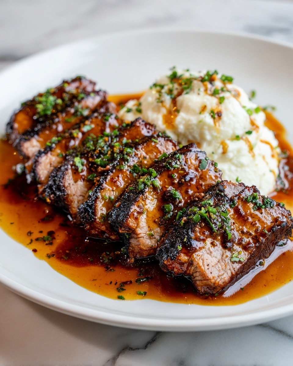 The dish shows five thick slices of grilled meat with a charred, dark brown crust and juicy, light brown inside, arranged in a row on a white plate. The meat is covered with a glossy brown sauce sprinkled with chopped green herbs. Behind the meat, there is a scoop of creamy mashed potatoes topped with more herbs and a light drizzle of sauce. The plate is set on a flat surface with a white marbled texture. photo taken with an iphone --ar 4:5 --v 7