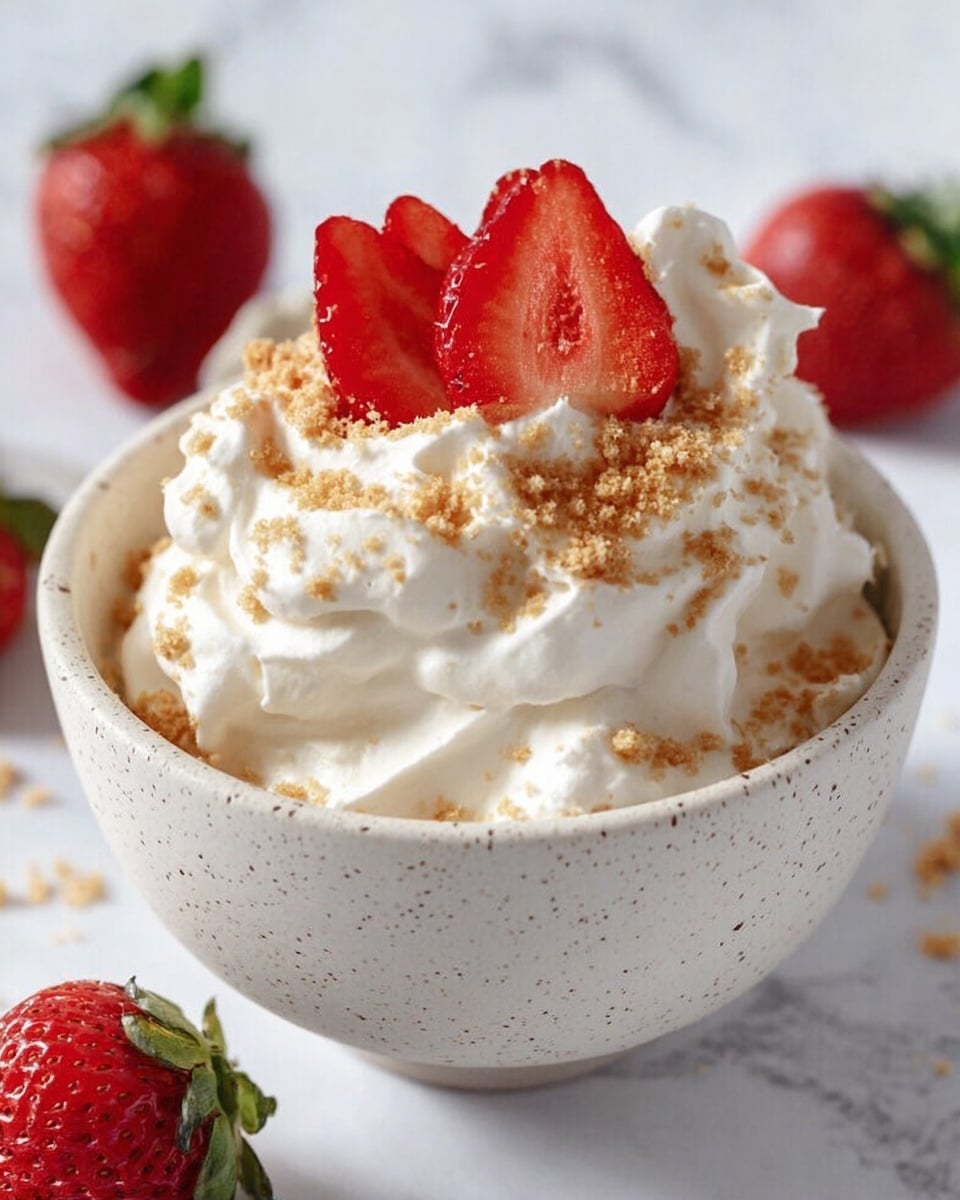 A white speckled bowl filled with fluffy white whipped cream piled high inside. On top, three bright red strawberries stand out, forming a triangular shape. Light brown crushed crumbs are sprinkled over the whipped cream and strawberries, adding texture. The bowl sits on a white marbled surface, and a few strawberries with green leaves lie in the background. The scene is bright and fresh. photo taken with an iphone --ar 4:5 --v 7