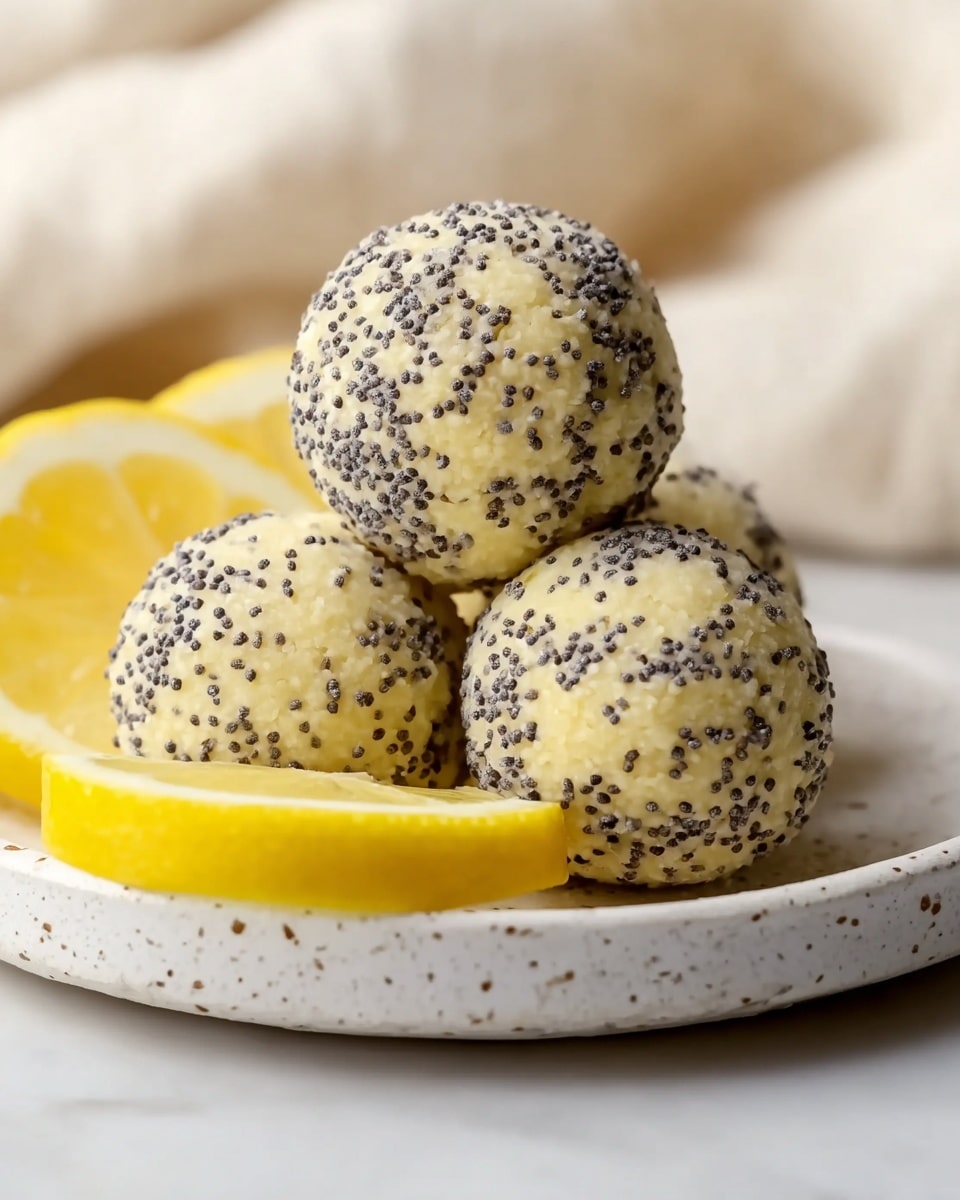 The image shows four round dessert balls with a pale yellow color, covered in numerous small black poppy seeds that give them a dotted texture. They are stacked closely together on a white speckled plate. Around the balls, there are a few slices of fresh lemon with bright yellow skins and juicy light-yellow interiors. The background has a soft, light cream fabric and the surface beneath the plate is a white marbled texture. photo taken with an iphone --ar 4:5 --v 7