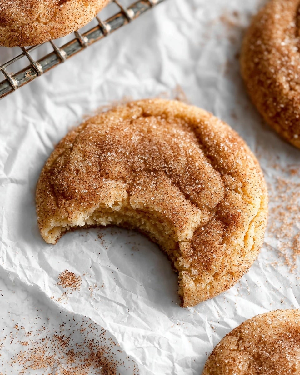 The image shows a close-up of a round cookie with a slightly cracked, golden-brown surface covered with sugar crystals and a dusting of cinnamon. One cookie has a bite taken out, revealing a light, soft interior. The cookie rests on crinkled white parchment paper which lays over a metal cooling rack. The white marbled surface underneath has some scattered cinnamon sugar. Two more cookies are partially visible around the main cookie. photo taken with an iphone --ar 4:5 --v 7