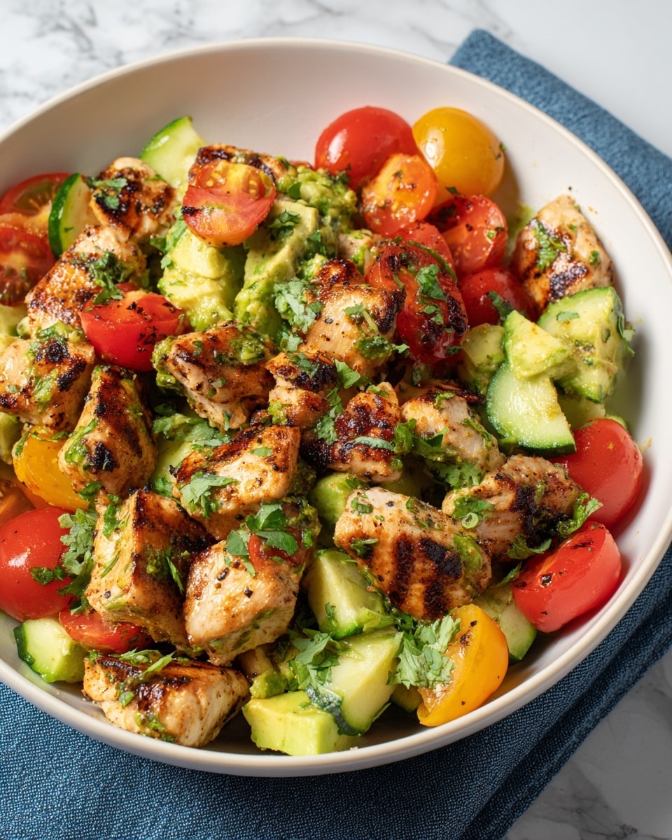The dish shows a white bowl filled with grilled chicken chunks, each piece browned with grill marks and a slightly charred texture. Mixed in are bright red and yellow cherry tomatoes, cut in halves, showing their juicy interiors. There are also chunks of light green avocado with a creamy texture and pieces of cucumber with a firmer texture. The salad is sprinkled with fresh green herbs, likely cilantro, adding a fresh detail over the whole dish. The bowl sits on a blue cloth on a white marbled surface. photo taken with an iphone --ar 4:5 --v 7