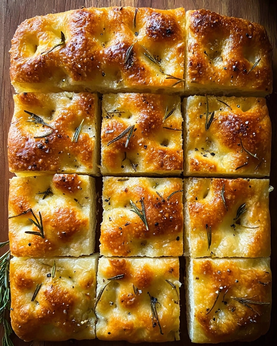 A square focaccia bread is cut into nine equal pieces, showing a golden-brown top crust with a slightly glossy, textured surface. The bread has a light and fluffy appearance with uneven bubbles and dimples on its top layer. There are scattered small green rosemary leaves and a sprinkling of coarse salt and black pepper across the surface. The focaccia sits on a wooden board, and the overall color is warm with toasted highlights, ranging from light yellow to deeper golden tones. Photo taken with an iphone --ar 4:5 --v 7