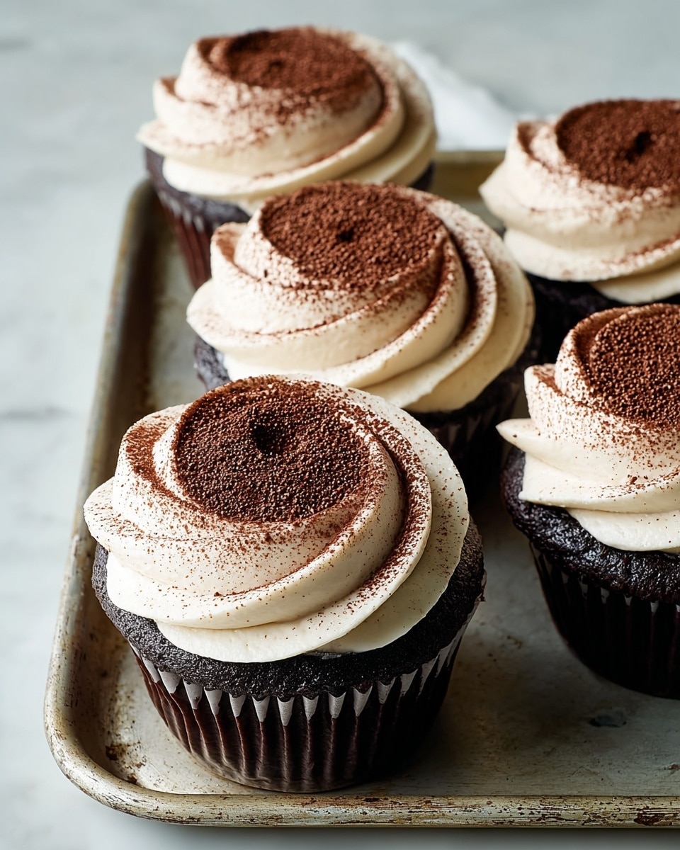 The image shows four dark chocolate cupcakes placed close together on a slightly worn metal tray. Each cupcake has two layers of frosting: the bottom layer is a thick, smooth swirl of creamy white frosting, and the top layer is a smaller swirl, slightly raised and hollowed inward, dusted generously with a fine layer of cocoa powder, giving a rich brown contrast on top of the white cream. The dark texture of the cupcakes contrasts with the pale frosting and the brown cocoa powder, making the details of each swirl clear and inviting. The tray is on a white marbled surface, adding a soft, clean background to the image. photo taken with an iphone --ar 4:5 --v 7