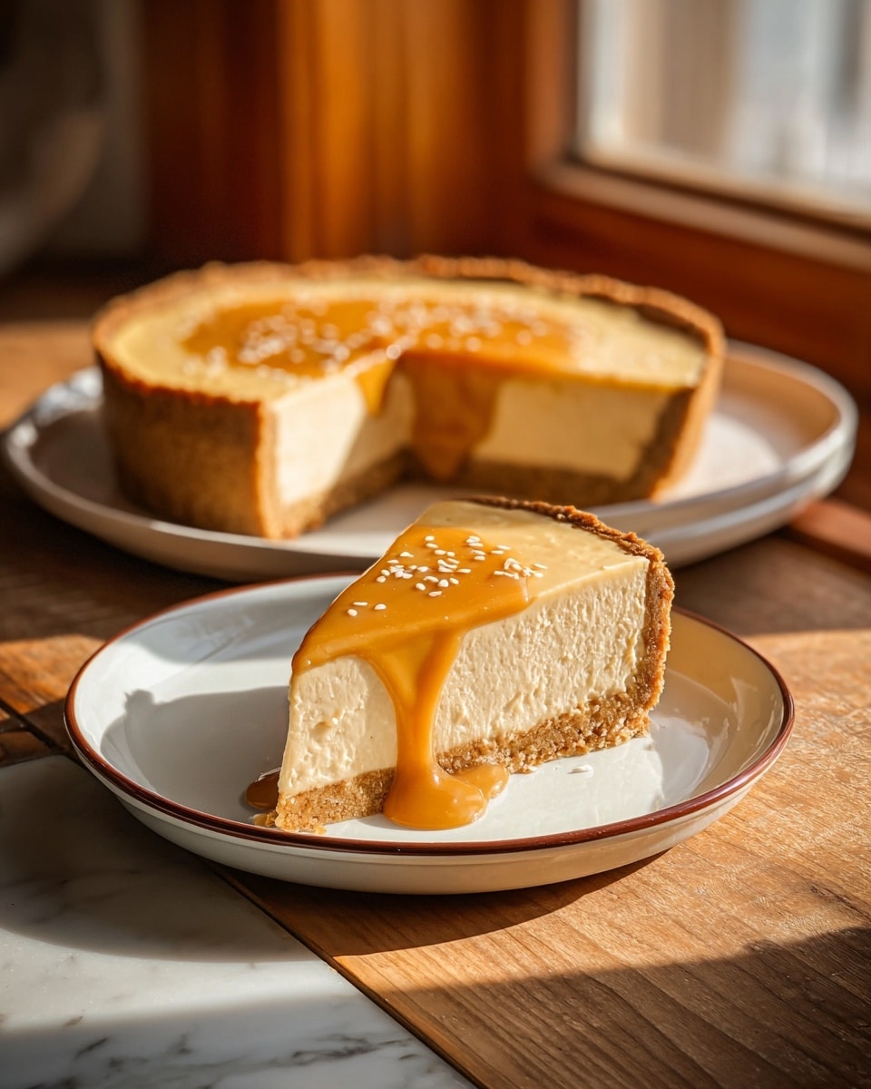 A thick slice of pie with three layers sits on a white plate with a thin brown rim. The bottom layer is a light brown crust, firm and crumbly. The middle layer is a thick, creamy beige filling with a smooth texture. The top layer is a glossy honey-colored glaze, dripping down the sides with some white sesame seeds sprinkled on it. In the background, the remaining pie shows the same layers in a round shape with one slice missing, placed on a white plate. The setting is near a window with warm sunlight falling on the pie, with a wooden surface and a white marbled texture nearby. photo taken with an iphone --ar 4:5 --v 7