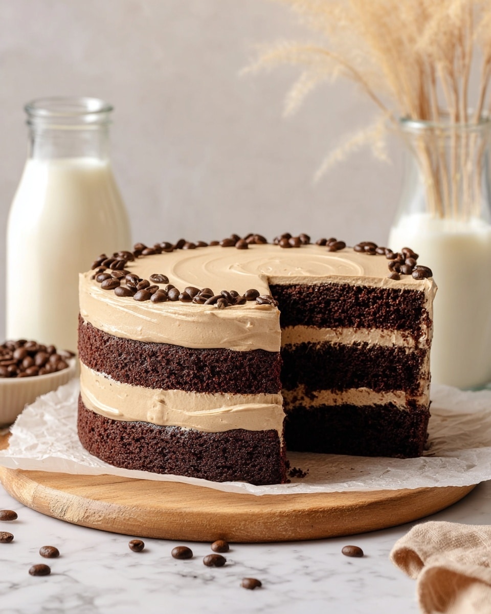 The image shows a round, tall cake with three visible layers, lightly frosted in smooth beige coffee-colored icing that slightly reveals the dark cake beneath. The top is flat and decorated with a circle of whole dark brown coffee beans around the edge. The cake sits on a wooden board covered with parchment paper, placed on a white marbled surface. In the background, there are two glass bottles, one with white milk. The lighting is soft and natural, highlighting the smooth texture and warm colors of the cake. photo taken with an iphone --ar 4:5 --v 7