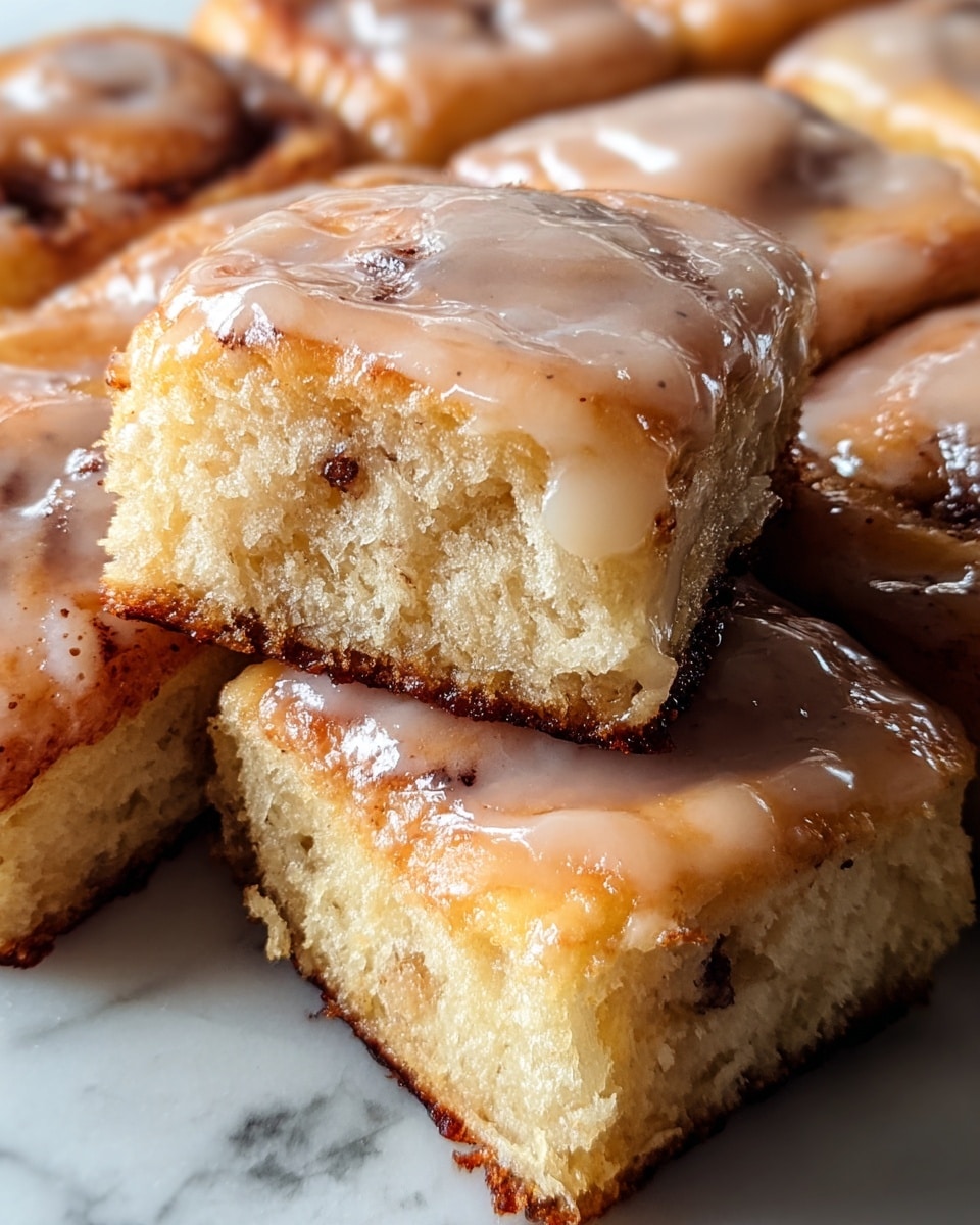 The image shows several small square fried dough pieces stacked closely, each with a light golden brown crust and a thick, glossy glaze on top. The dough inside is soft, pale yellow, and slightly moist, visible where one piece is bitten into. The glaze is smooth, semi-transparent, and has a shiny, sticky texture that covers the top and drips slightly onto the sides. The pieces are placed on a white plate sitting on a white marbled surface, creating a cozy, fresh look. photo taken with an iphone --ar 4:5 --v 7