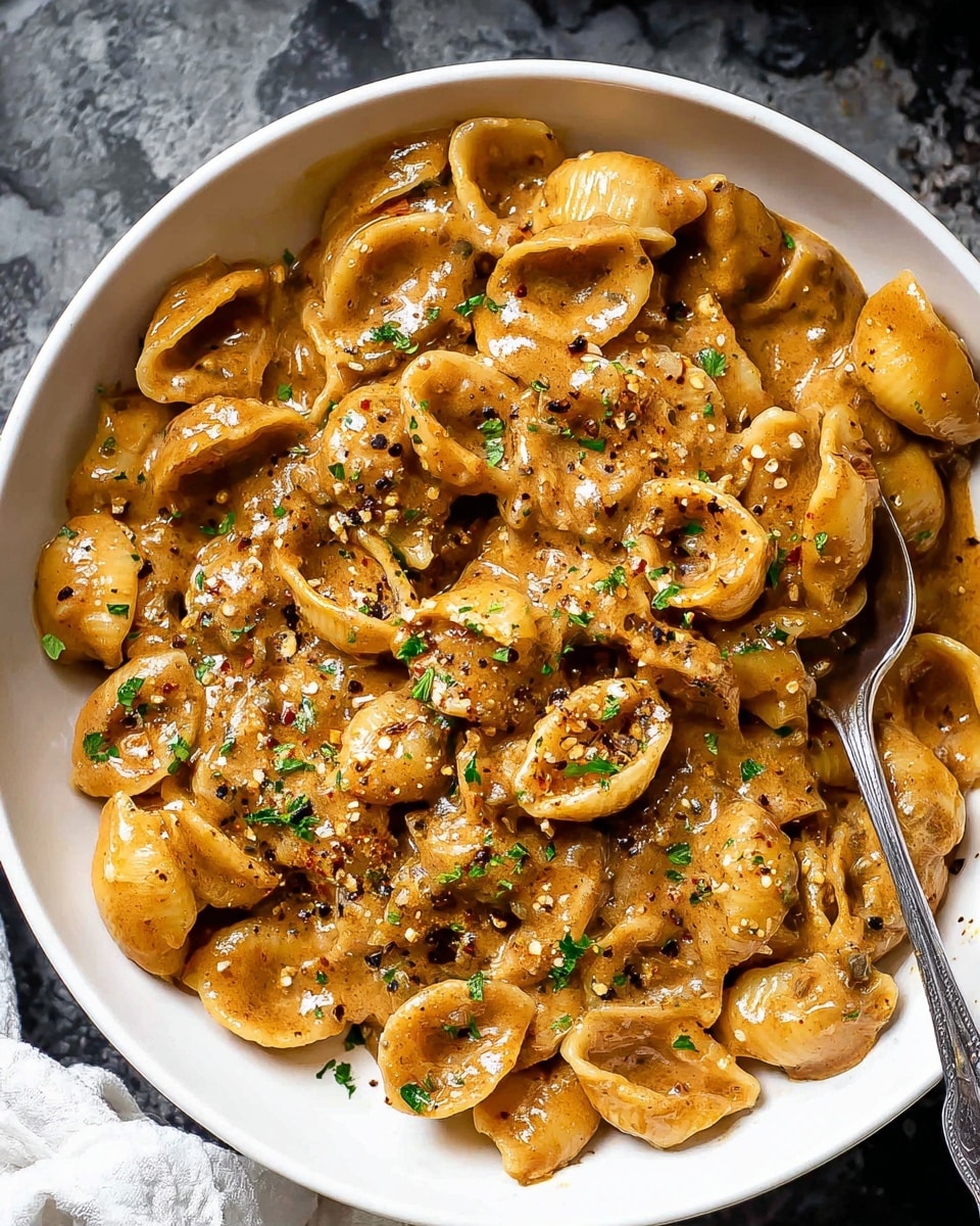 The image shows a close-up of a creamy mushroom stroganoff in a white pan. The dish has one visible layer filled with soft, golden-brown sliced mushrooms in a thick, smooth, light brown sauce speckled with herbs and black pepper. Small bits of fresh green parsley are sprinkled evenly on top, adding contrast and color to the rich sauce. A gold spoon rests inside the pan, partially submerged in the creamy mixture, with a woman's hand holding the spoon’s handle. The pan sits on a white marbled surface giving a clean, bright background. photo taken with an iphone --ar 4:5 --v 7