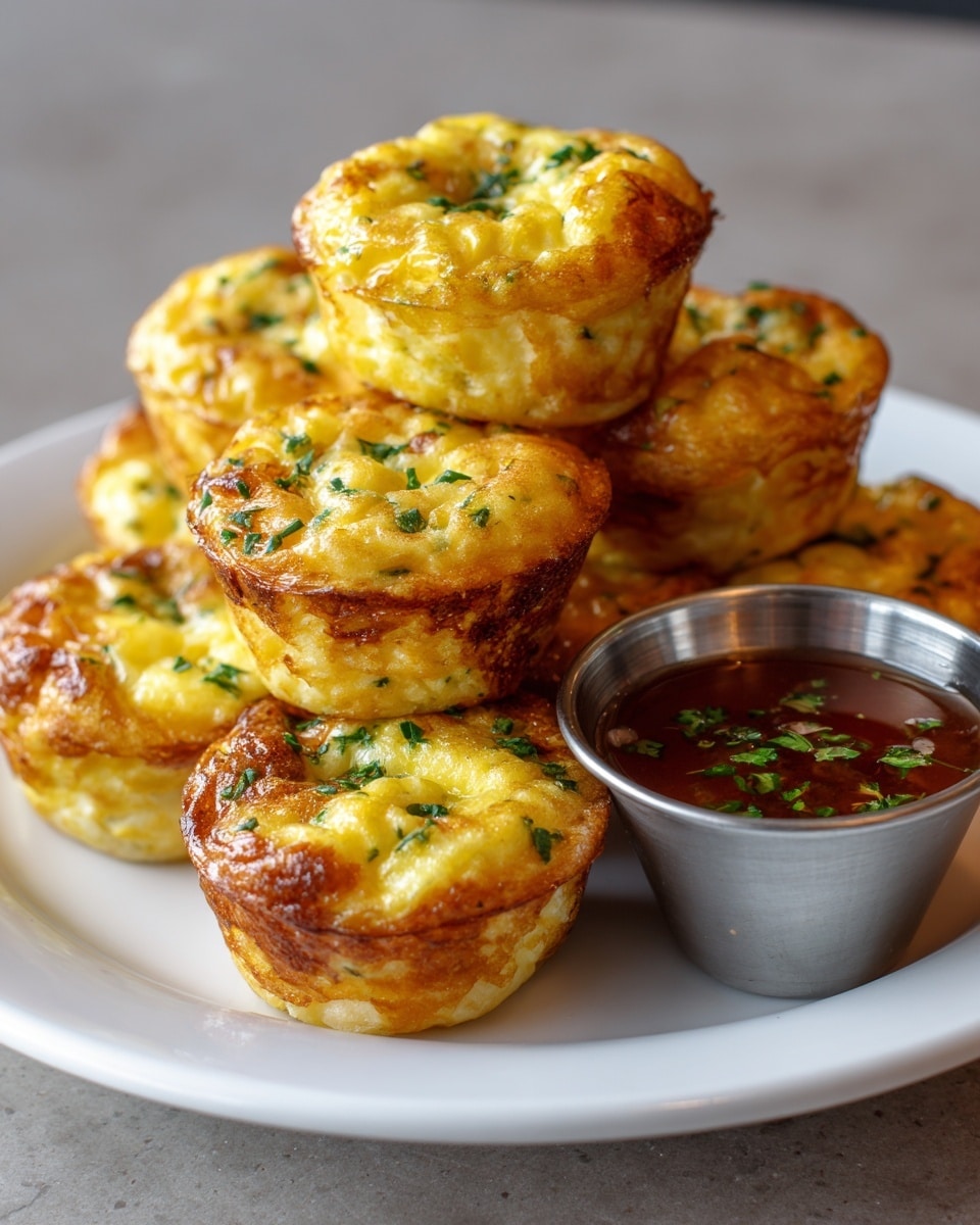 The image shows a white plate with a pile of seven golden-brown mini egg muffins stacked in a pyramid shape. Each muffin has a crispy, browned edge with a soft, yellow, slightly bumpy texture on top, sprinkled with small bits of green herbs. The muffins show a light, airy inside with pieces of ingredients visible throughout. To the right side of the pile, there is a small metallic cup filled with a dark red-brown sauce that has green herb pieces floating on the surface. The plate sits on a white marbled textured surface. Photo taken with an iphone --ar 4:5 --v 7
