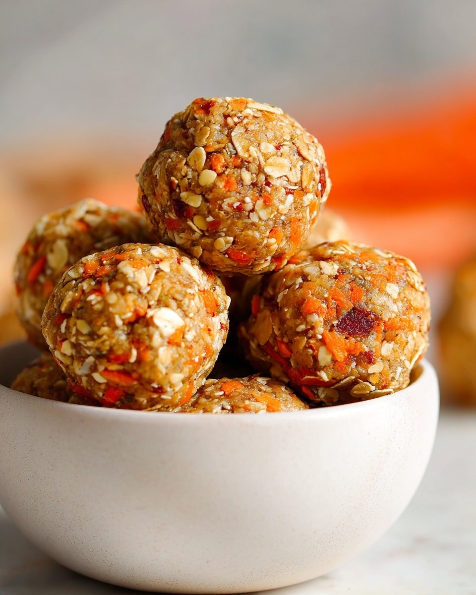 A close-up view of a white bowl filled with round energy balls made of oats, nuts, and small orange carrot bits, showing a rough and chunky texture with visible pieces of each ingredient. The energy balls are stacked, with one ball resting on top and the rest nestled below, all having a warm, natural orange and beige color. The background is blurred with soft orange and neutral tones on a white marbled surface. photo taken with an iphone --ar 4:5 --v 7