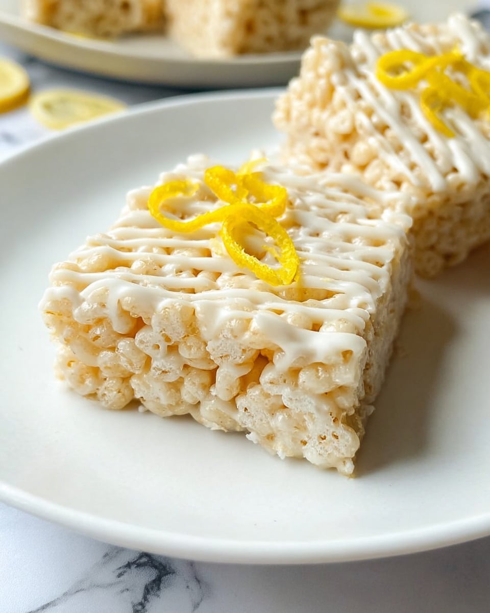 The image shows two square rice crispy treats on a white plate, placed on a white marbled surface. Each treat has a light beige puffed rice base that looks soft and slightly sticky. There is a drizzle of creamy white icing across the top, adding a smooth texture that contrasts with the puffed rice. Small, curly yellow lemon zest pieces are scattered on the treats, giving a fresh, colorful highlight. The background is softly blurred, focusing attention on the front treat. Photo taken with an iphone --ar 4:5 --v 7