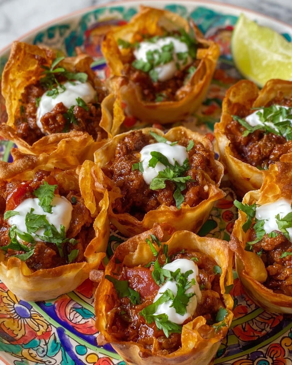 The image shows several bite-sized cups made of golden-brown, crispy pastry layers, each filled with a rich, chunky beef chili mixture. The chili is reddish-brown, thick, and slightly glossy, sitting inside the pastry cups with some small pieces of tomato visible. A few cups have a dollop of white cream sauce on top, garnished with bright green chopped fresh herbs like cilantro or parsley. The pastry cups are arranged closely together on a detailed, colorful plate with floral patterns. In the top right corner, there is a pale yellow wedge of lime. The background is a white marbled texture. photo taken with an iphone --ar 4:5 --v 7
