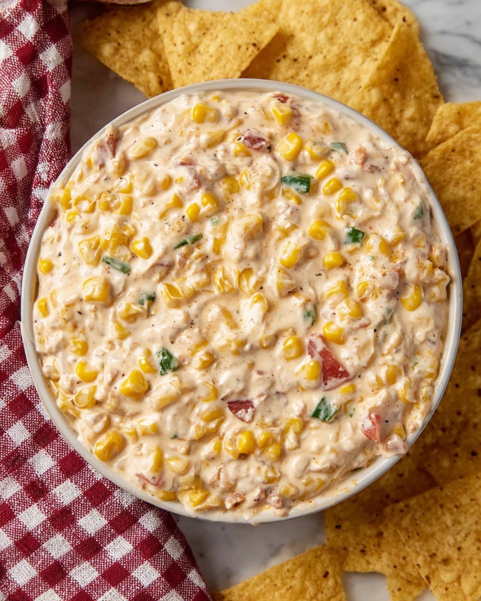 A close-up of a creamy corn dip in a white bowl, showing layers of yellow corn kernels mixed with small green pieces, red diced tomatoes, and a thick light beige creamy base with visible texture from herbs and spices. The dip fills the bowl fully, with some texture bumps and swirls on the surface. Around the bowl, there are light yellow crispy tortilla chips scattered on a white marbled surface. In the top left corner, a red and white checkered cloth is partly visible. Photo taken with an iphone --ar 4:5 --v 7